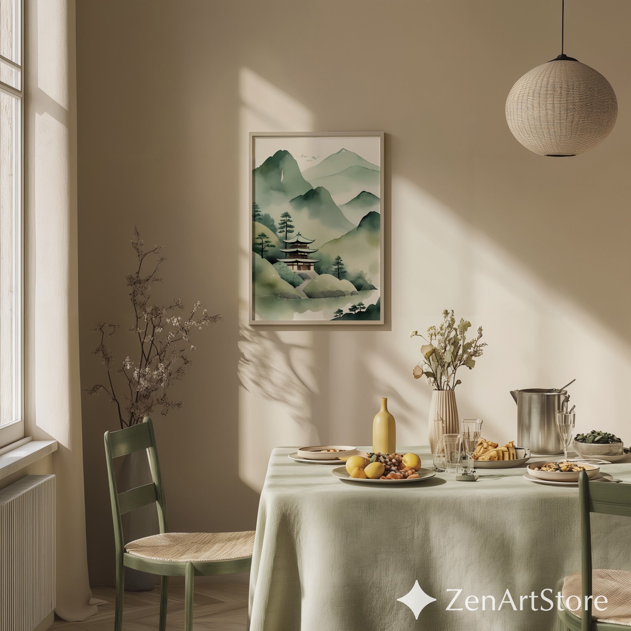 Misty Mountain Pagoda Print - Japanese Watercolor Landscape Wall Art, Zen Japandi Minimalist Green Home Decor