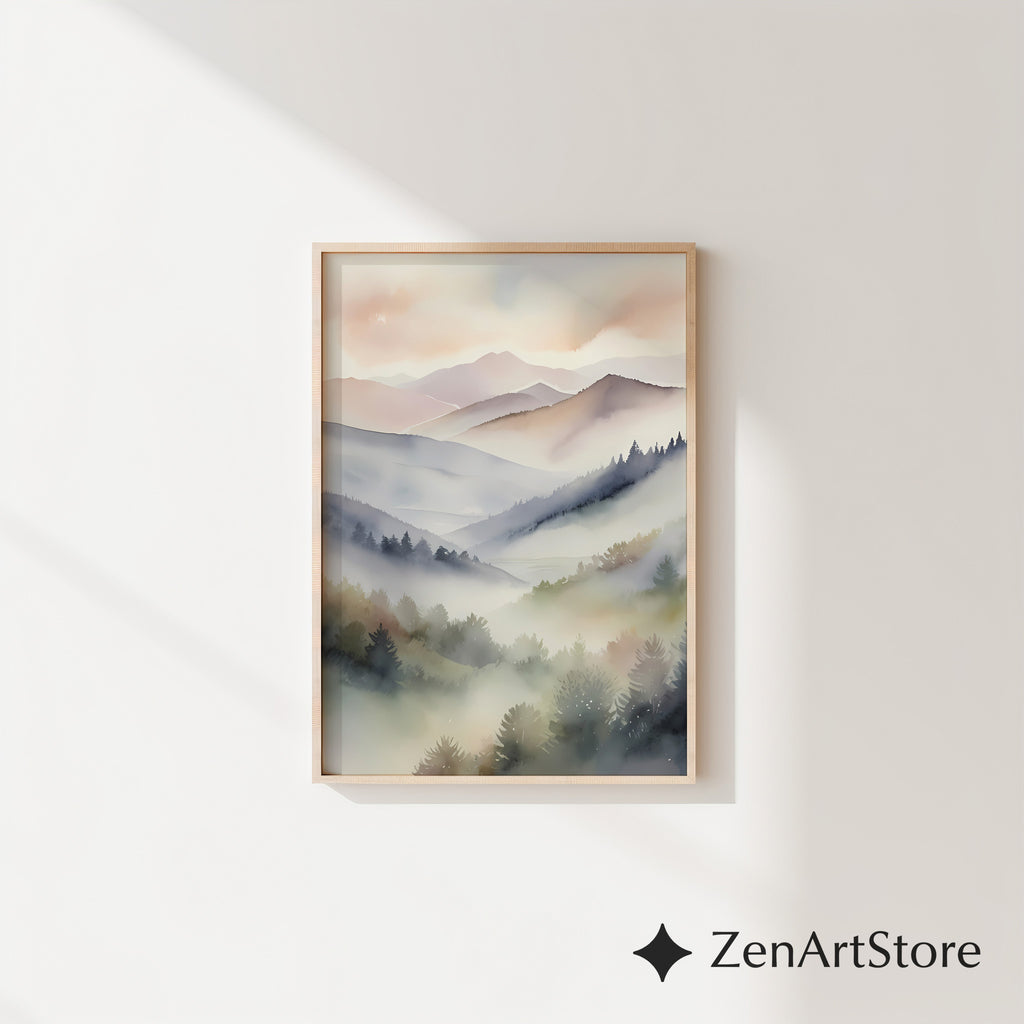 Misty Mountain Watercolor Print – Neutral Minimal Landscape Wall Art for Japandi, Scandinavian & Boho Homes