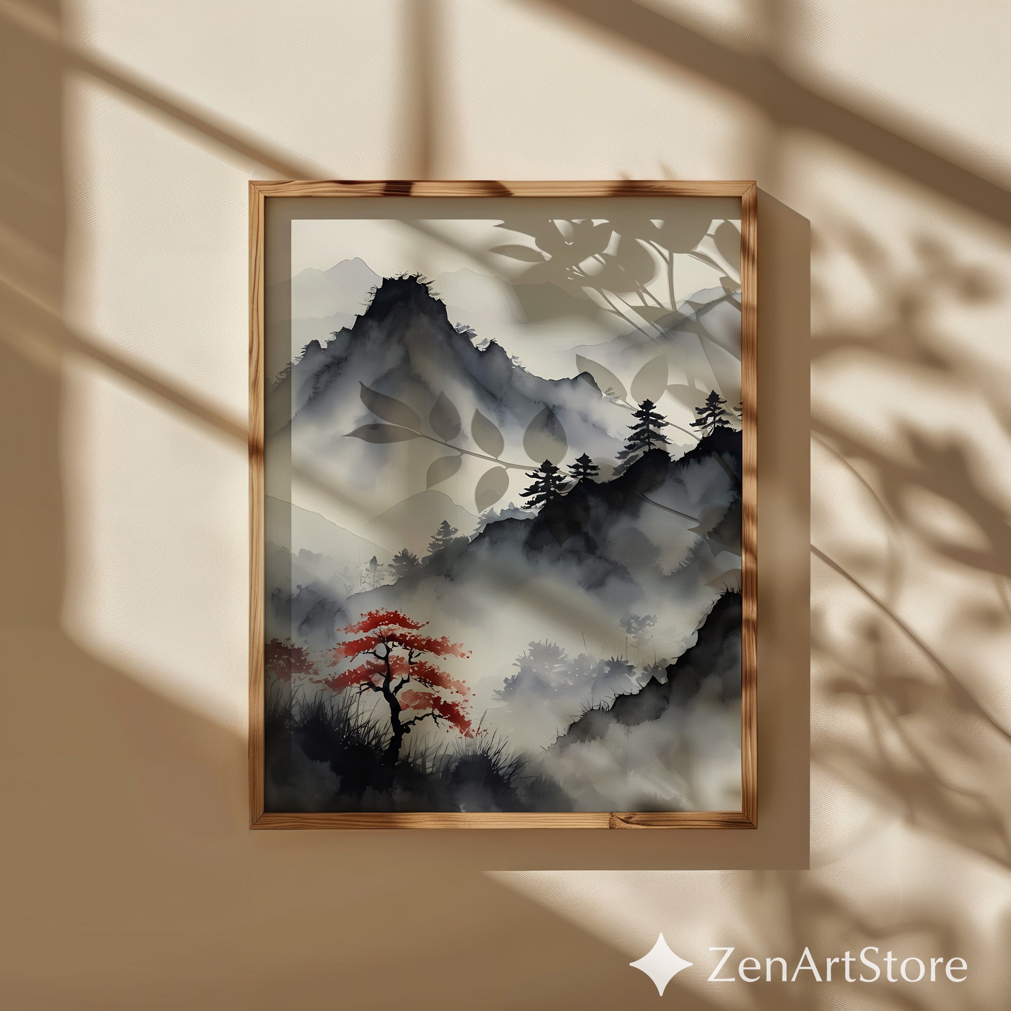 Misty Mountain Sumi-e Print with Red Maple – Zen Minimal Japandi Wall Art, Neutral Wabi-Sabi Landscape for Living Room