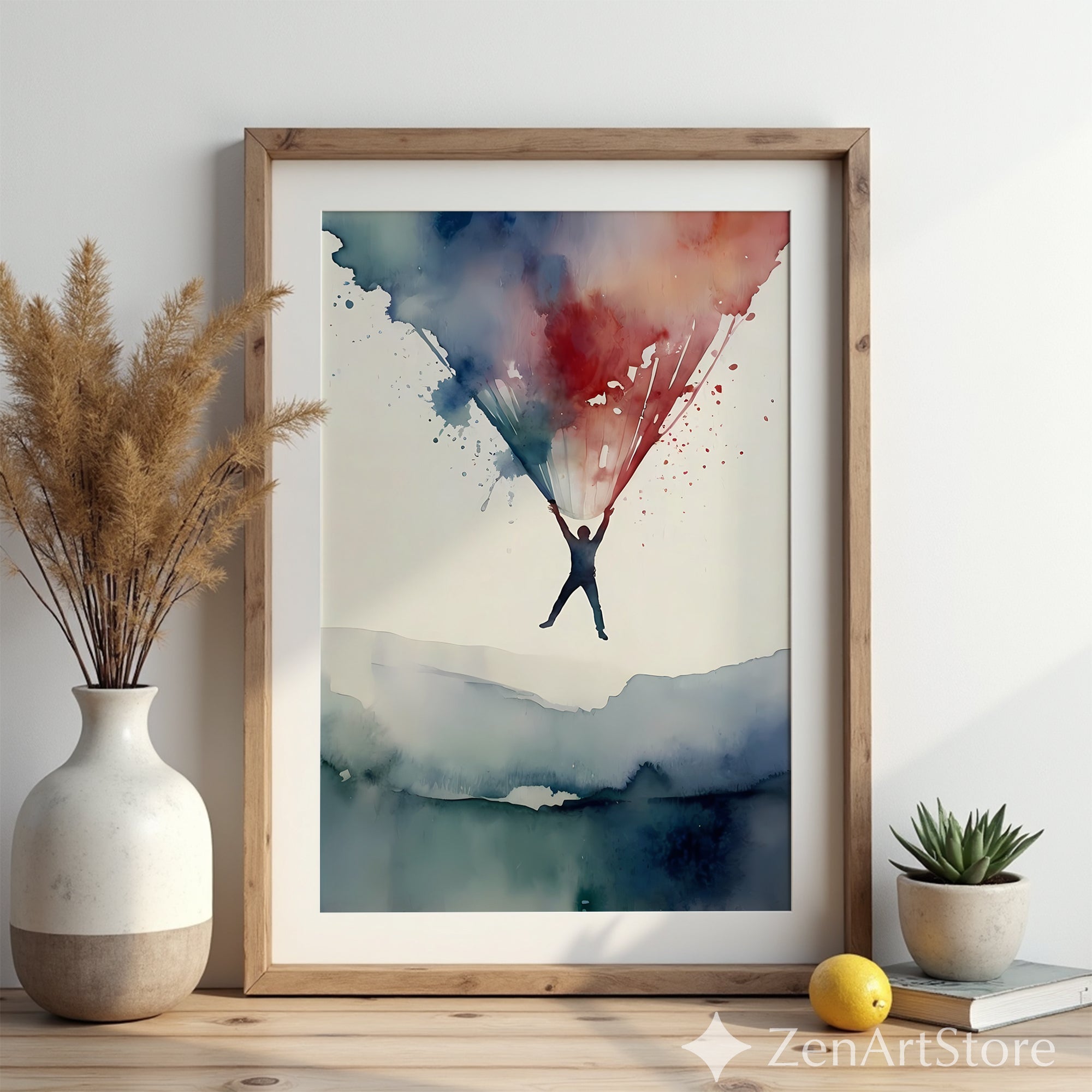 Abstract Watercolor Print - Suspended Figure with Blue & Red Splash, Minimal Modern Wall Art for Living Room Zen Decor