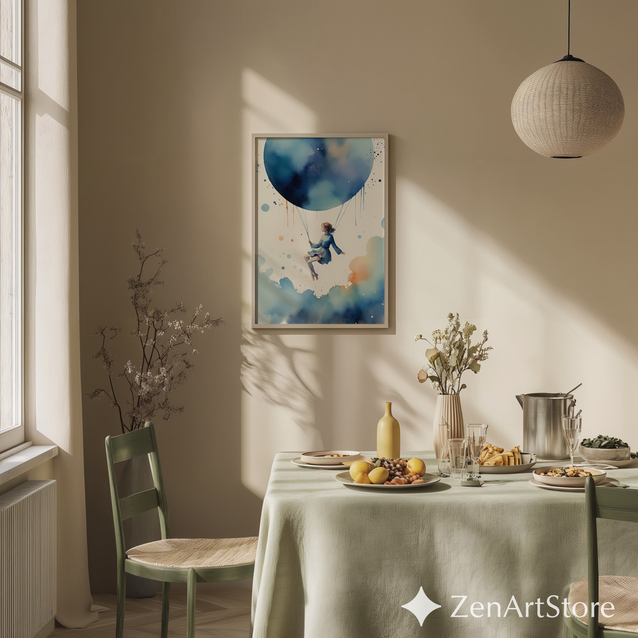 Dreamy Blue Balloon Girl Watercolor Print - Whimsical Minimal Wall Art for Nursery, Bedroom & Living Room