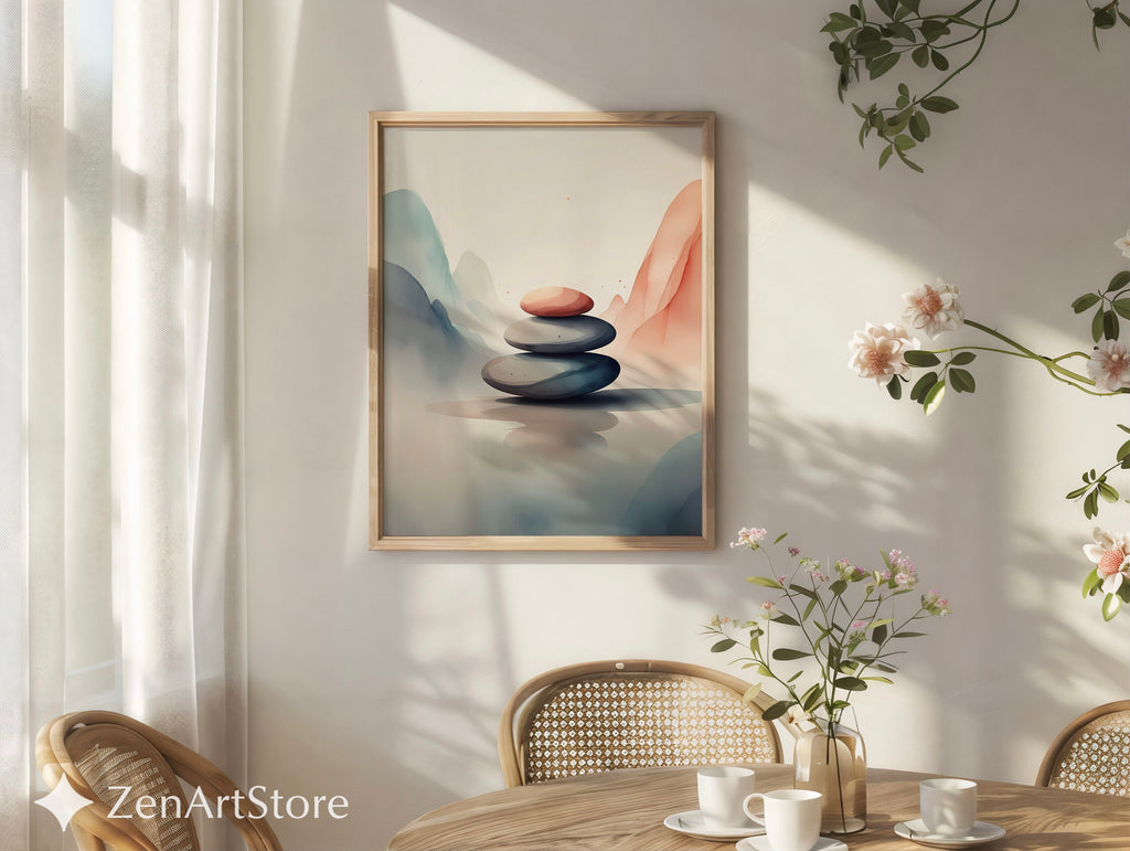 Zen Stone Stack Wall Art - Minimal Neutral Abstract Landscape Print, Japandi Wabi Sabi Home Decor