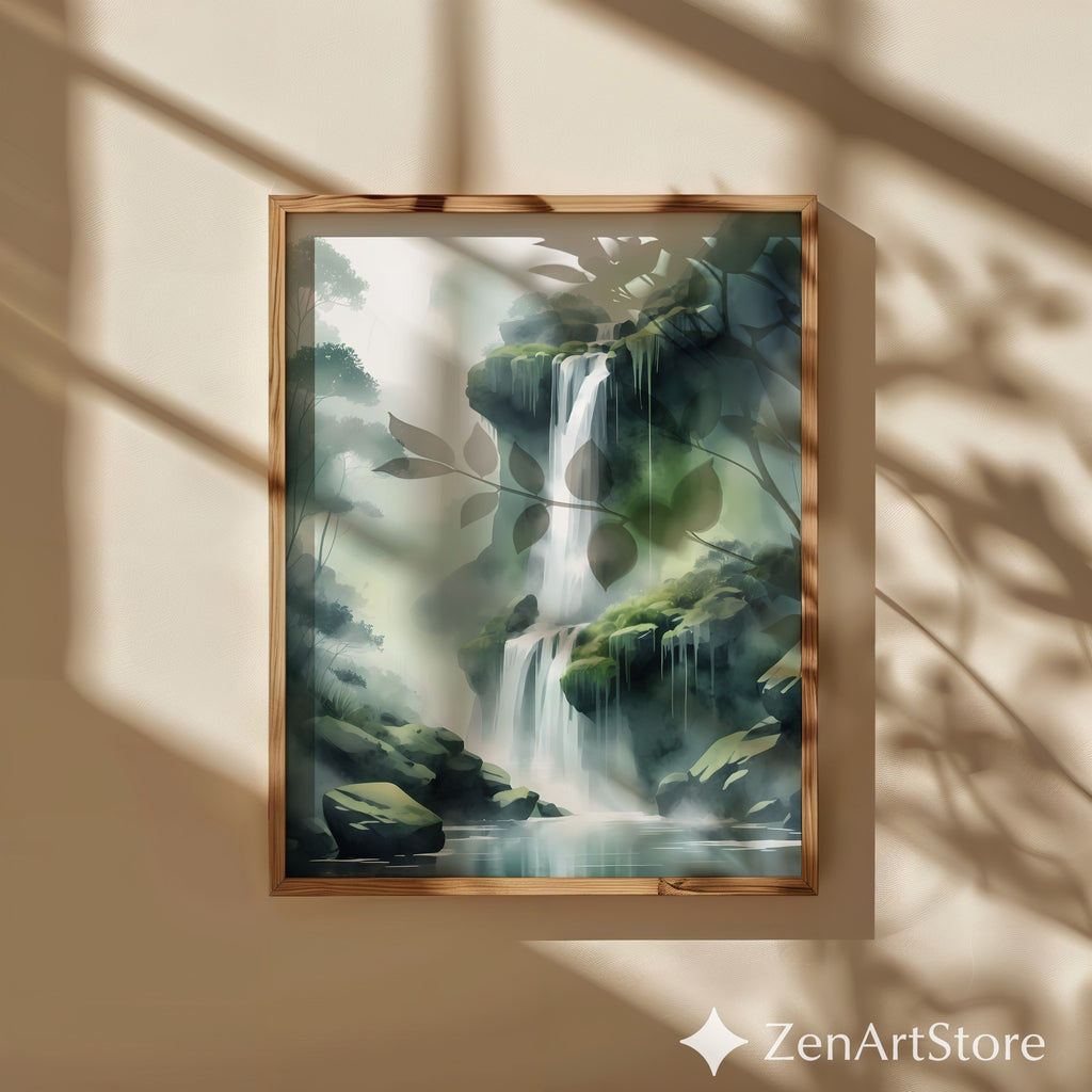 Misty Waterfall Wall Art Print – Zen Green Landscape for Living Room, Japandi Minimalist Nature Canvas