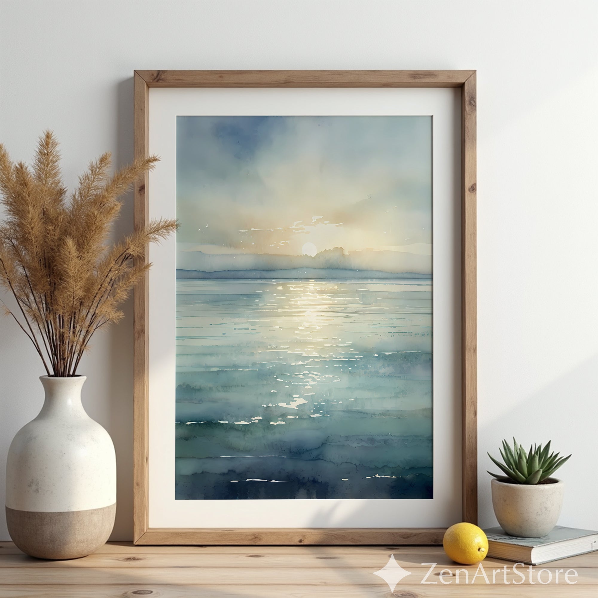 Serene Watercolor Seascape Print - Calm Sunrise Ocean Wall Art, Minimal Coastal Home Decor, Japandi Scandinavian Neutral