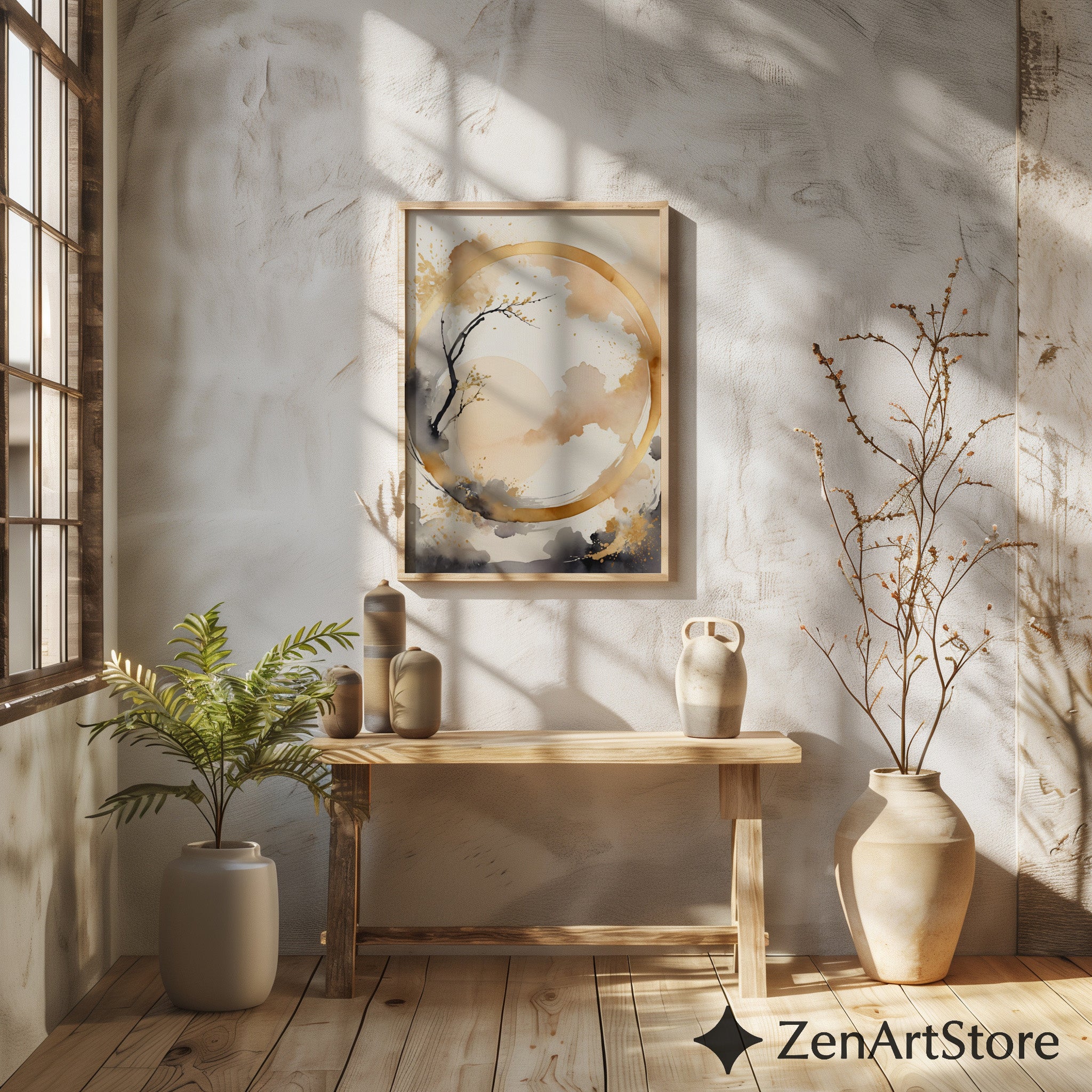 Abstract Zen Gold Circle Wall Art - Minimal Japandi Neutral Print Beige Black Botanical Landscape