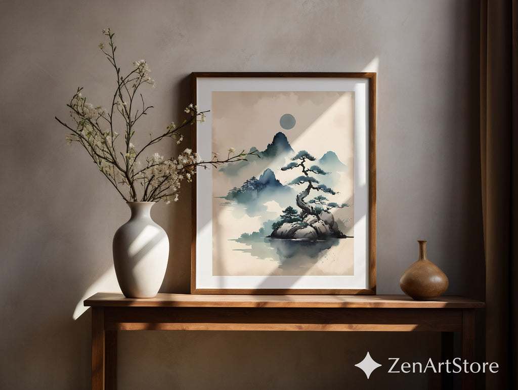 Zen Ink Landscape Print - Misty Mountain Bonsai Art, Minimal Japandi Wall Decor for Neutral Modern Homes