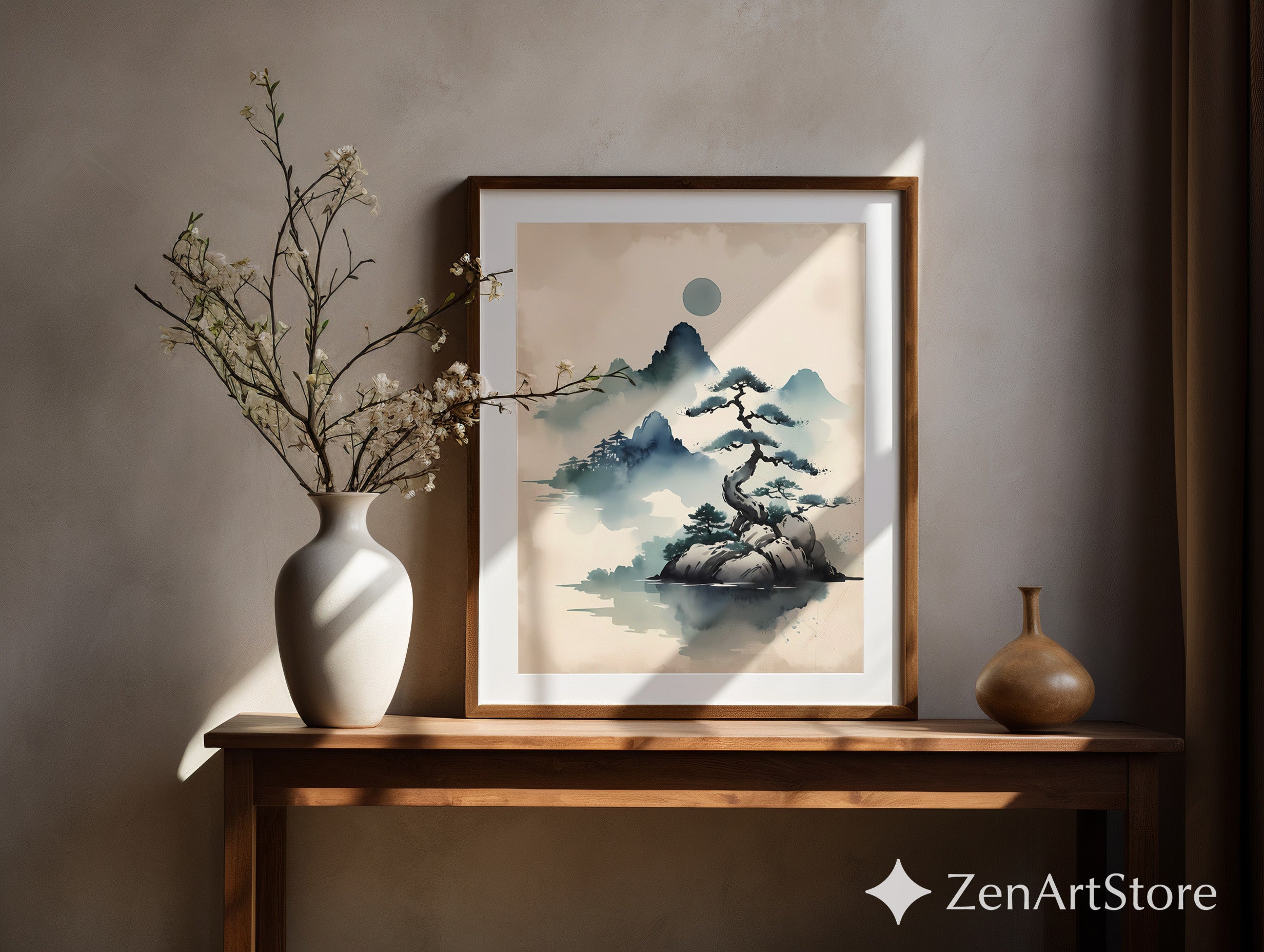 Zen Ink Landscape Print - Misty Mountain Bonsai Art, Minimal Japandi Wall Decor for Neutral Modern Homes