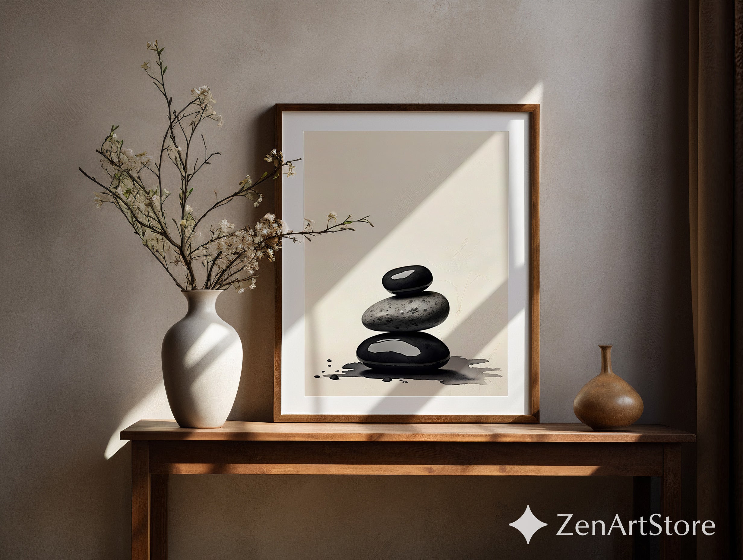 Zen Stone Stack Print - Minimal Black & Beige Spa Wall Art, Wabi Sabi Japandi Neutral Home Decor
