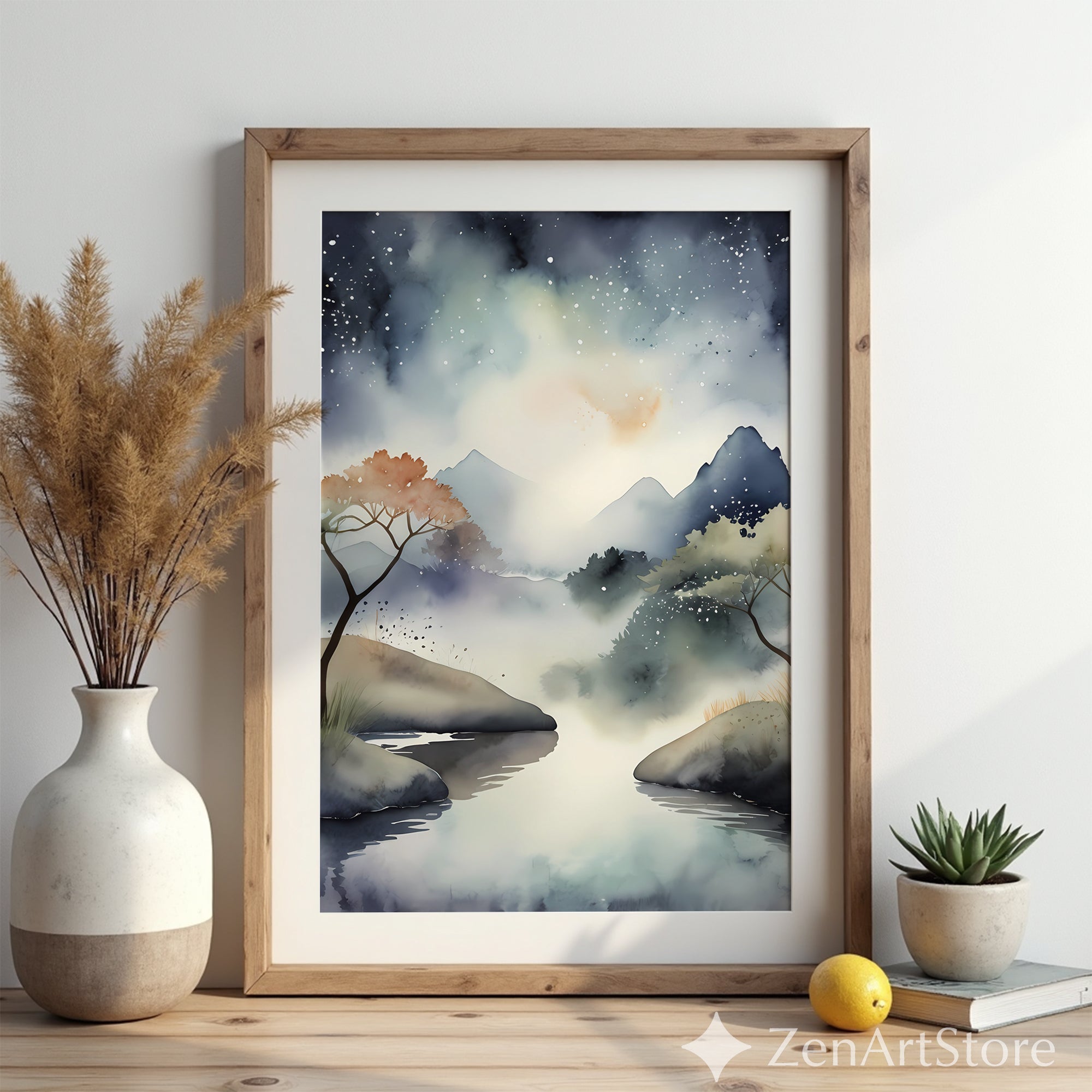Misty Mountain Watercolor Print - Calming Neutral Landscape Wall Art for Living Room, Bedroom, Japandi Zen Decor