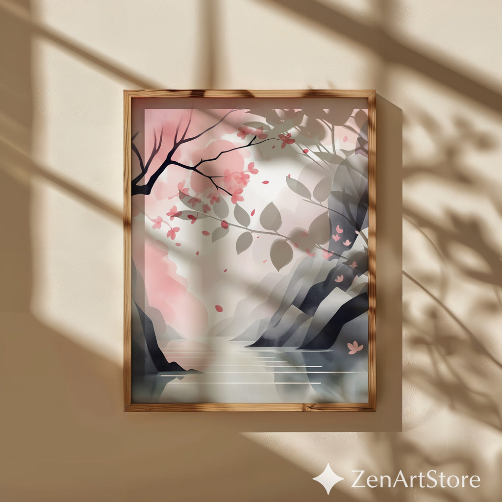 Cherry Blossom Landscape Print - Minimal Sakura Wall Art Pastel Pink Japandi Zen Print for Living Room Bedroom Nursery