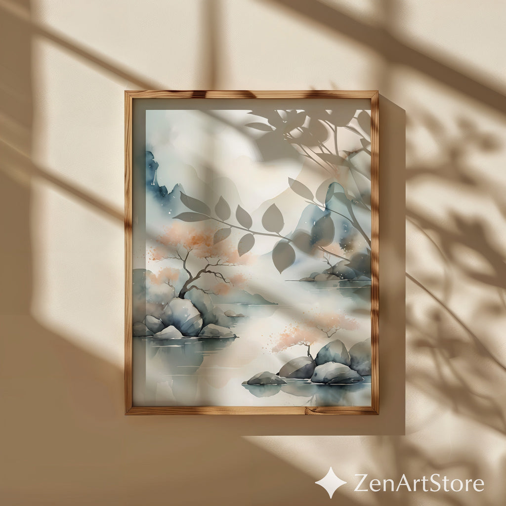 Serene Watercolor Landscape Print - Zen Japandi Wall Art, Minimal Mountain & Peach Tree Illustration for Living Room, Bedroom, Nursery