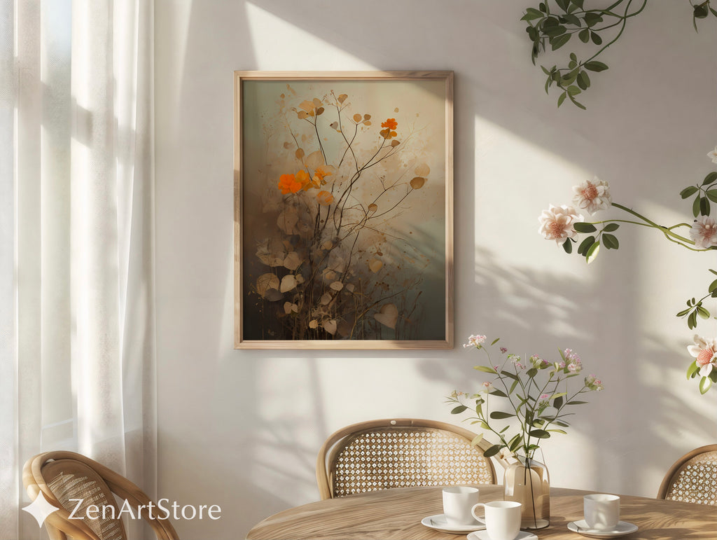 Neutral Botanical Wall Art with Orange Accent – Minimal Abstract Floral Print for Japandi, Wabi Sabi & Scandinavian Home Decor