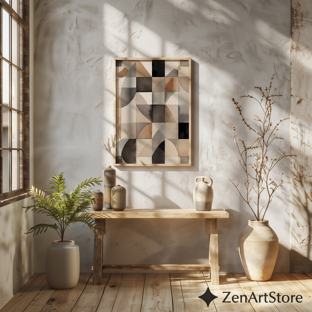 Neutral Geometric Abstract Art Print - Beige Brown Black Minimal Japandi Wabi Sabi Wall Decor