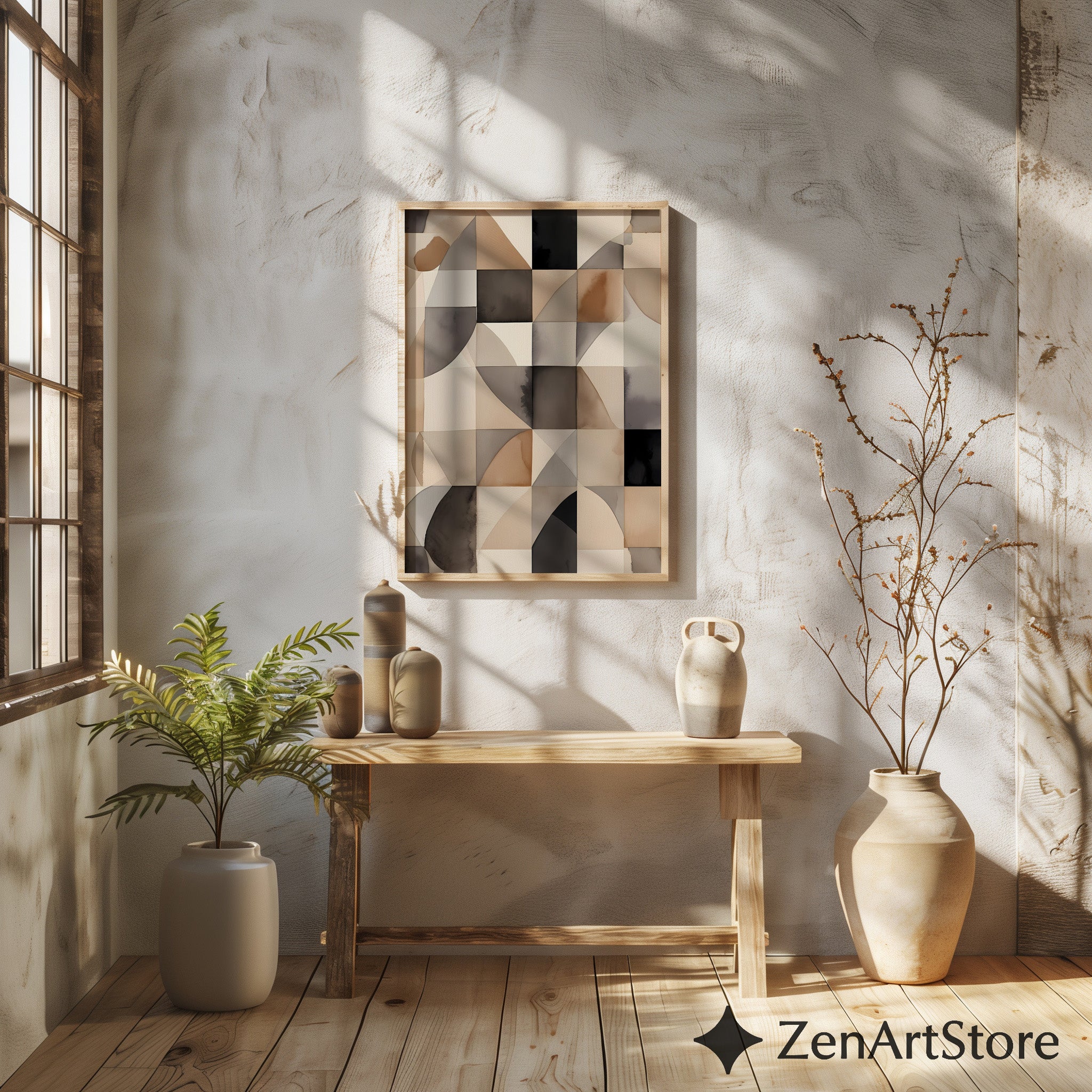 Neutral Geometric Abstract Art Print - Beige Brown Black Minimal Japandi Wabi Sabi Wall Decor