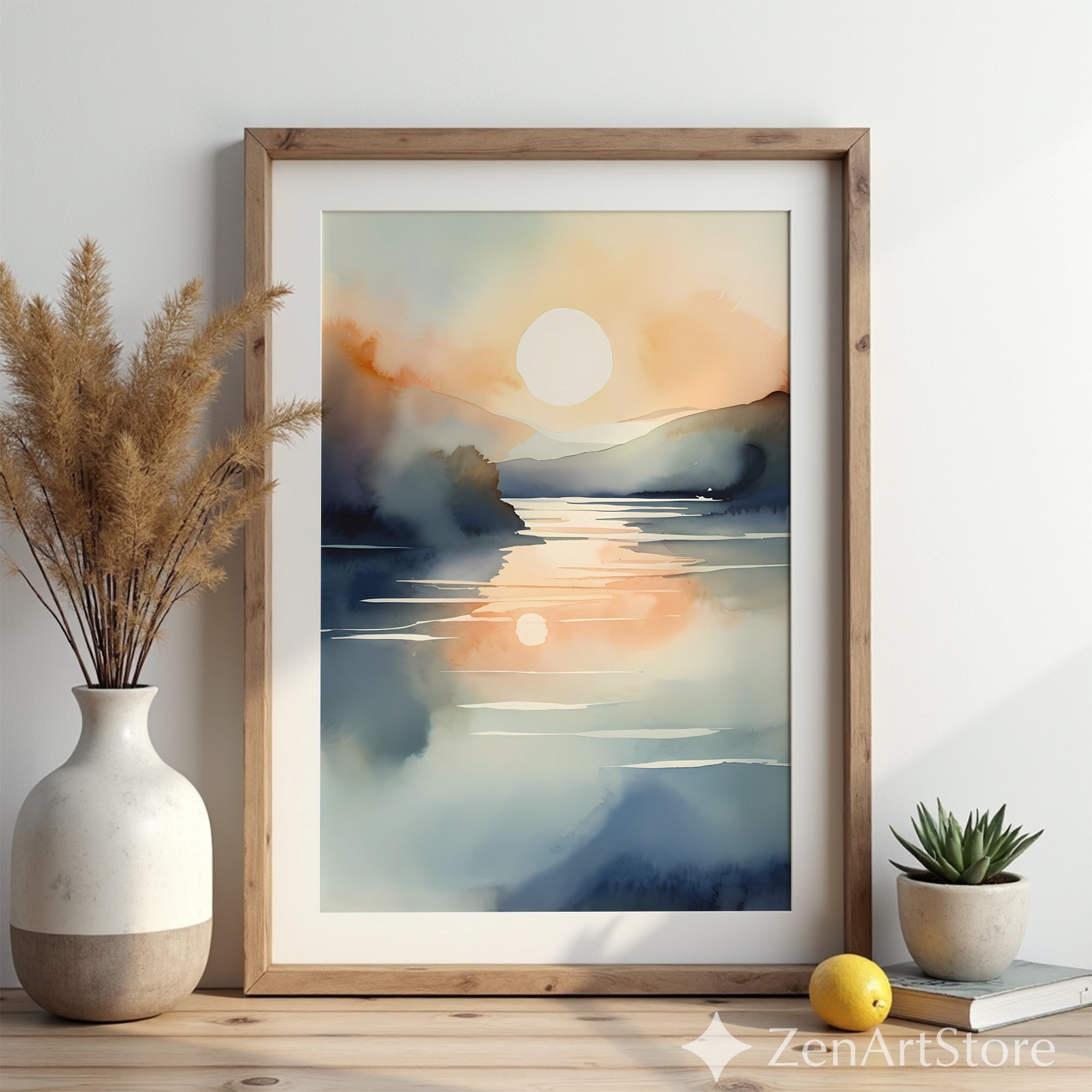 Serene Watercolor Sunset Lake Print – Minimal Neutral Landscape Art for Living Room, Bedroom, Japandi Decor