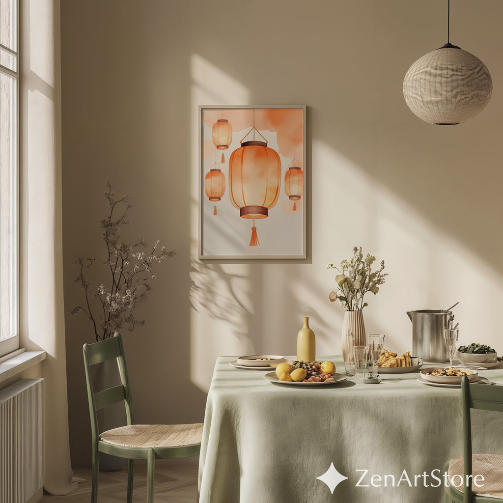Warm Orange Lantern Wall Art - Minimal Paper Lantern Print, Japandi Zen Home Decor, Digital Download & Fine Art Print