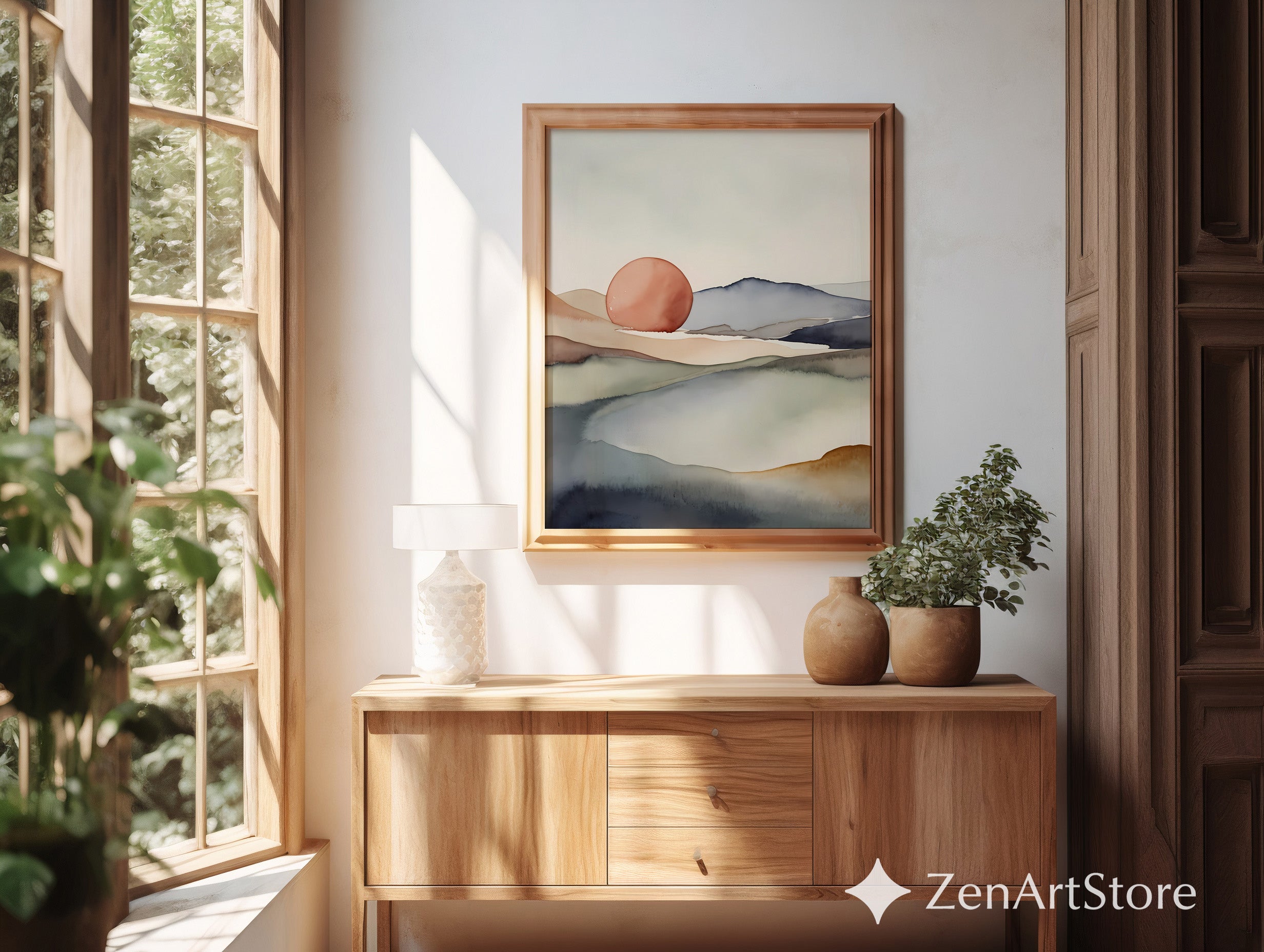 Abstract Minimal Landscape Art Print - Soft Neutral Sunrise Watercolor, Japandi Wabi Sabi Wall Decor