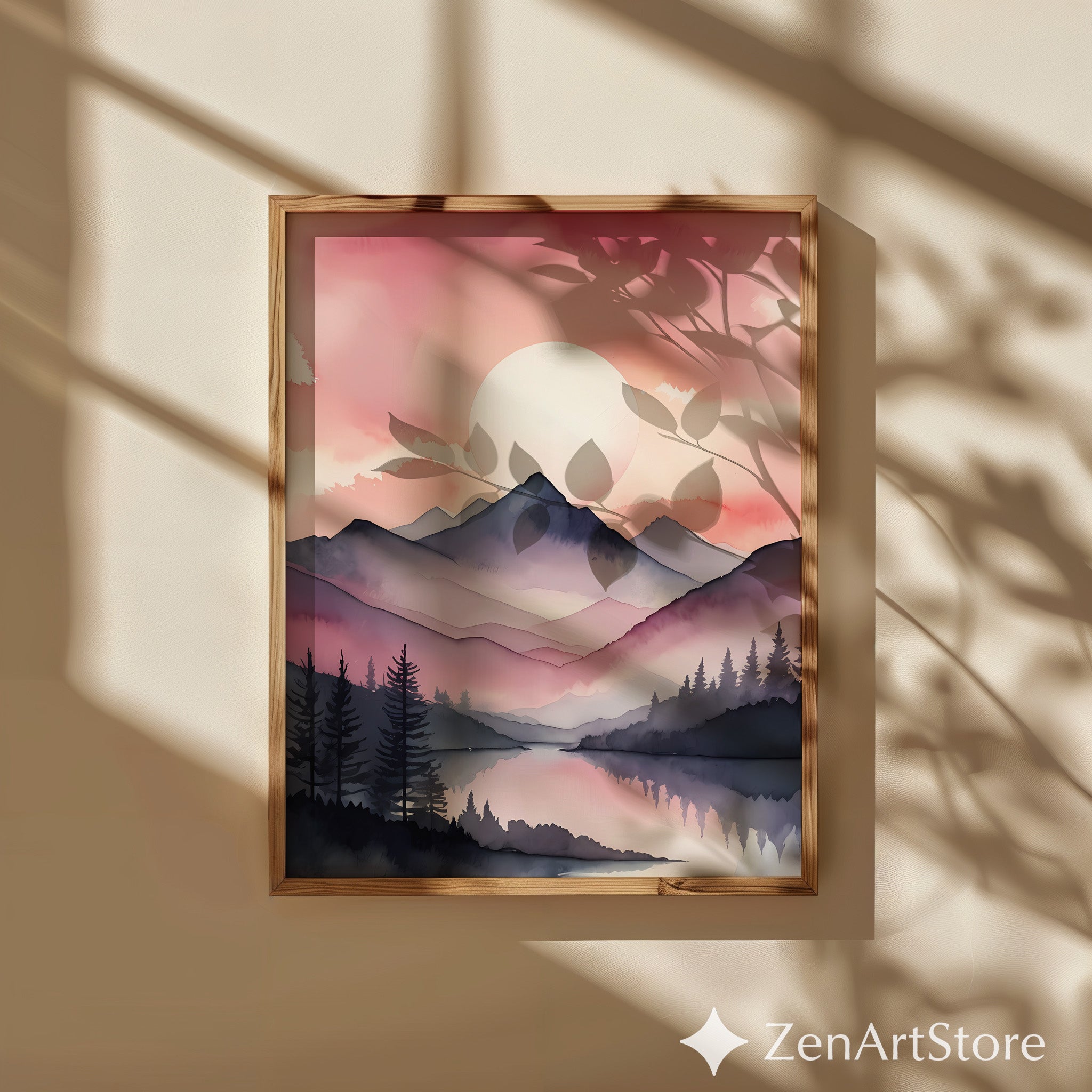 Blush Mountain Watercolor Print - Pink Sunset Minimal Landscape Wall Art for Living Room, Bedroom, Nursery - Japandi Scandinavian Decor