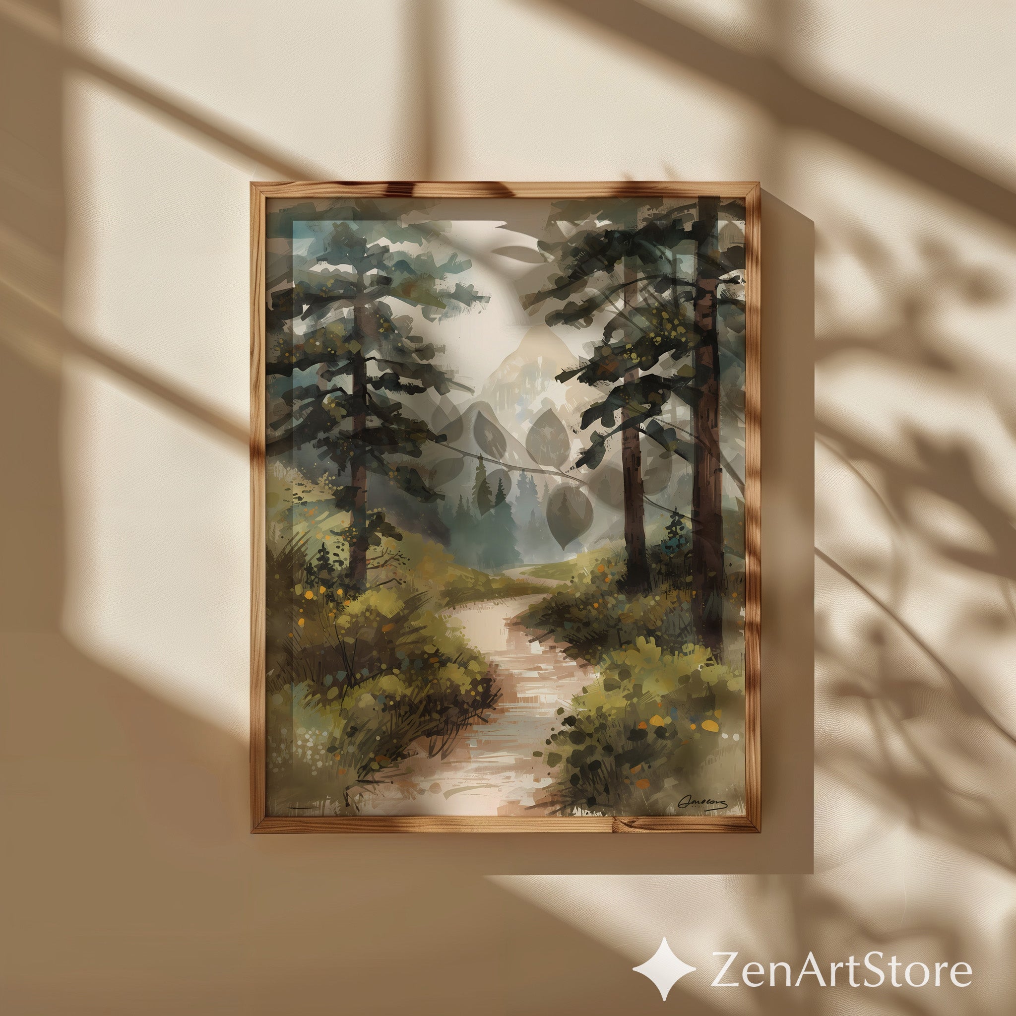 Misty Mountain Path Landscape Art Print - Calm Neutral Forest Painting for Living Room, Bedroom or Cabin Decor
