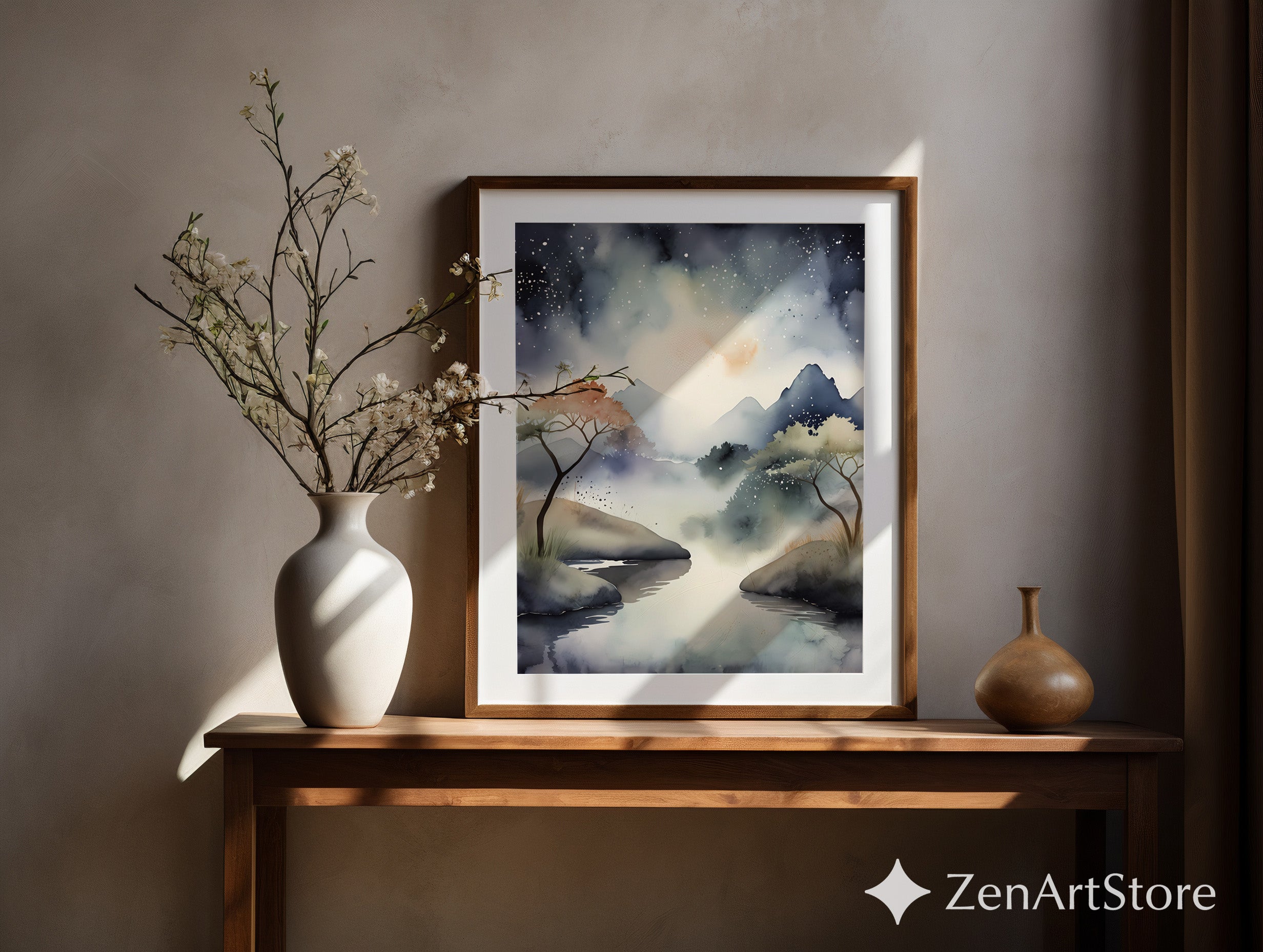 Misty Mountain Watercolor Print - Calming Neutral Landscape Wall Art for Living Room, Bedroom, Japandi Zen Decor