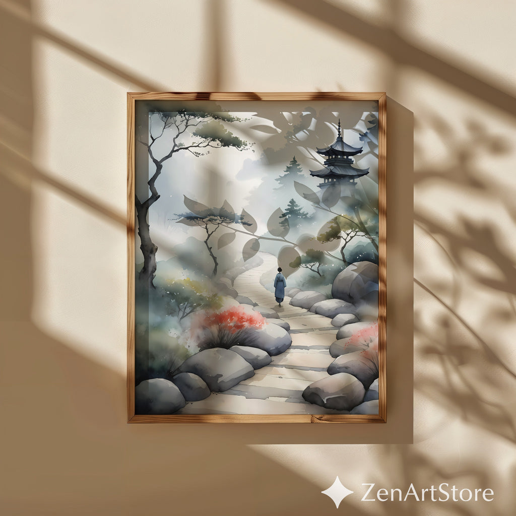 Misty Pagoda Path Watercolor Art Print - Zen Japanese Landscape, Japandi Minimal Wall Art for Living Room, Bedroom, Meditation Space