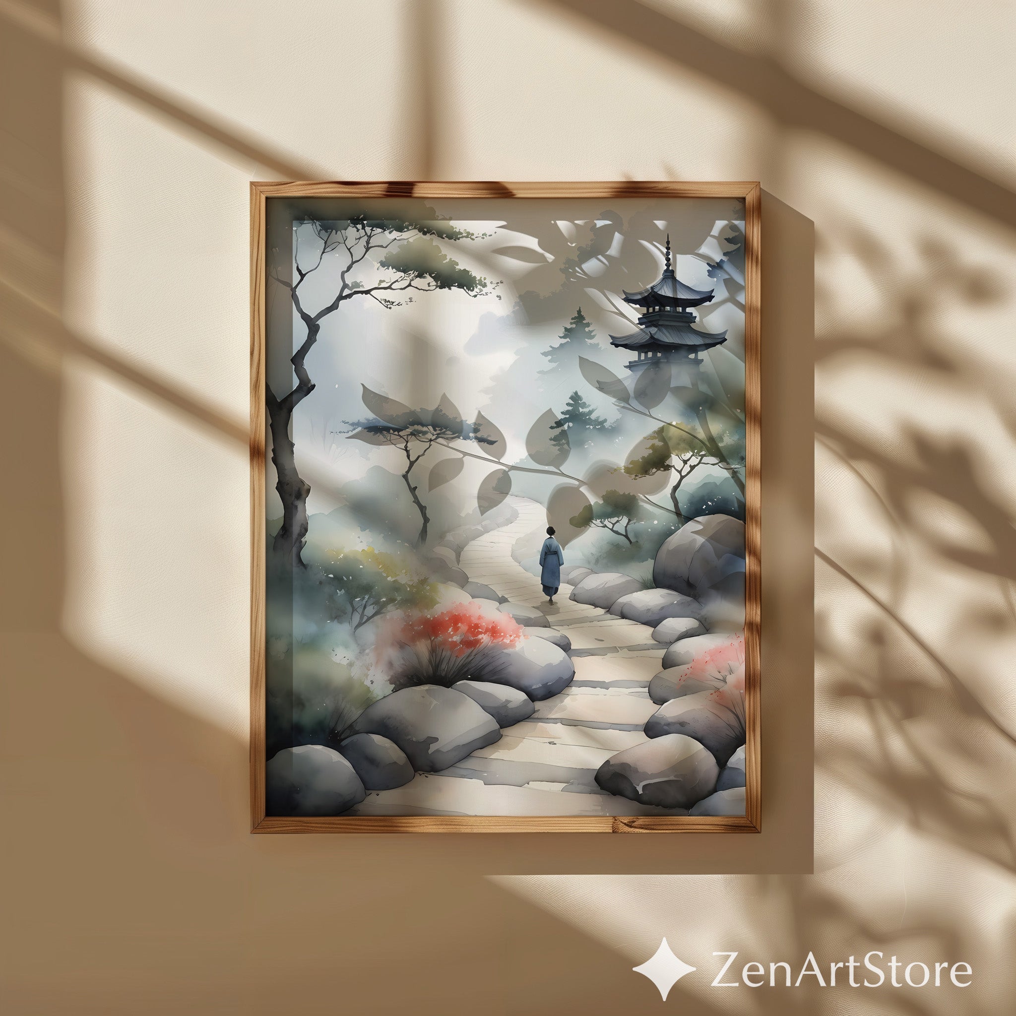 Misty Pagoda Path Watercolor Art Print - Zen Japanese Landscape, Japandi Minimal Wall Art for Living Room, Bedroom, Meditation Space