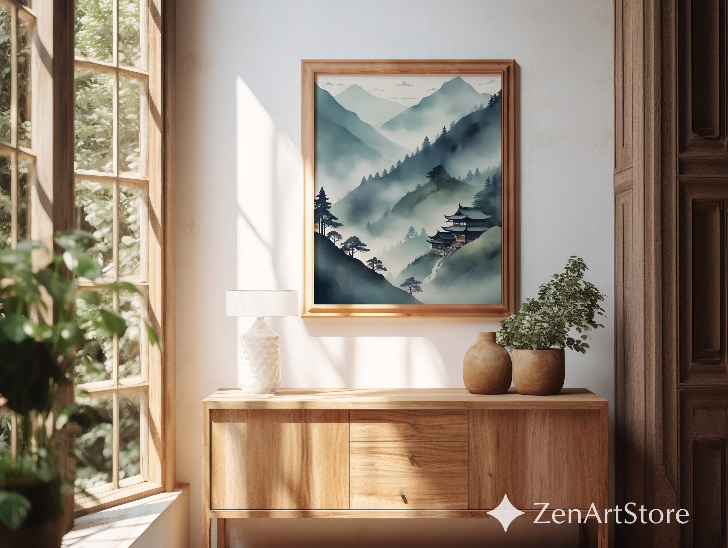 Misty Mountain Temple Wall Art - Zen Japandi Japanese Landscape Print - Minimal Wabi Sabi Home Decor
