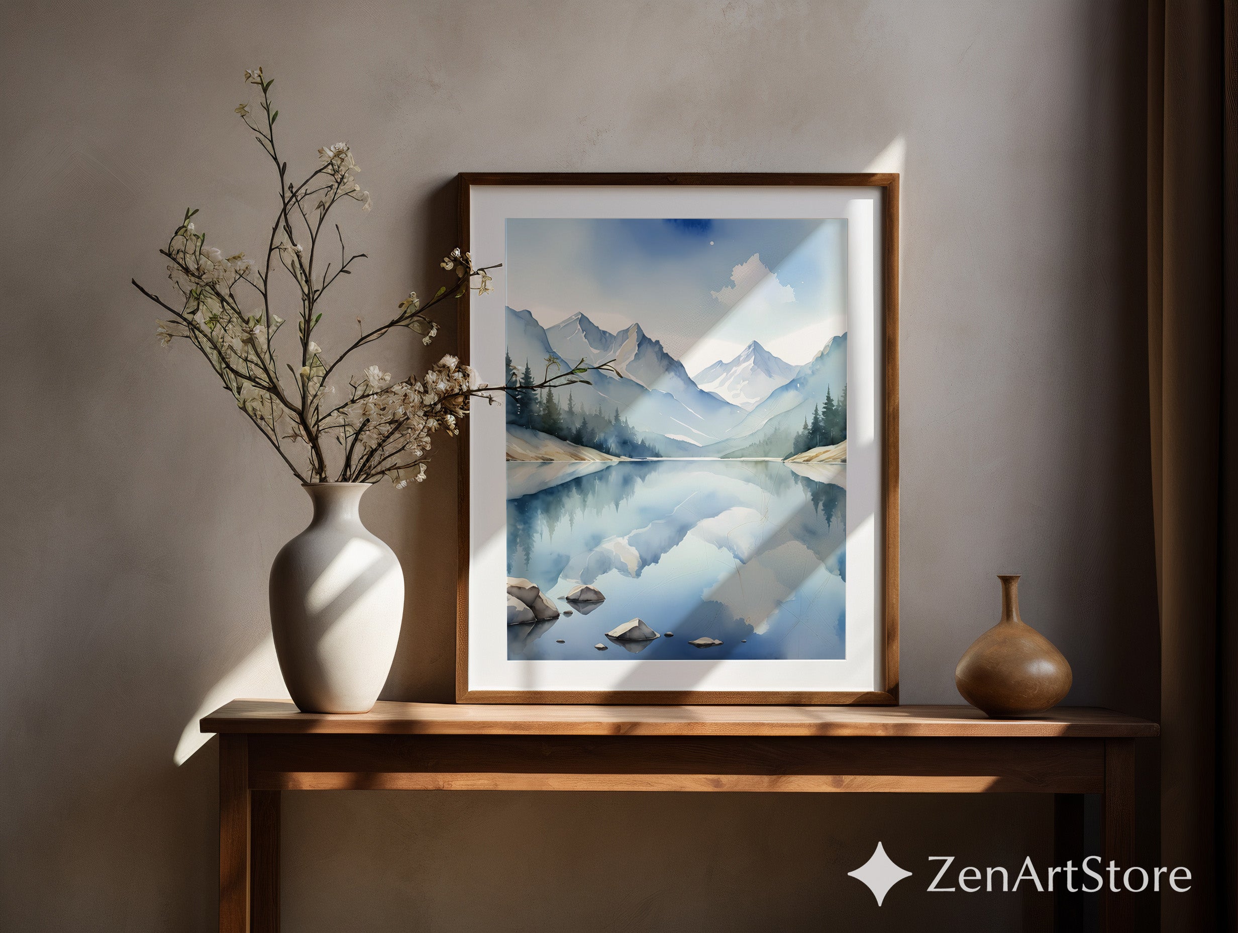 Watercolor Mountain Lake Print - Serene Blue Landscape Wall Art for Scandinavian Japandi Minimalist Home Decor