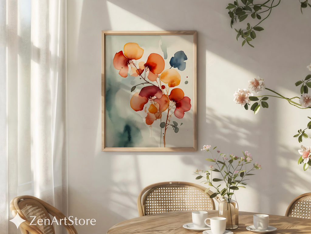 Abstract Floral Wall Art Print - Warm Rust & Ochre Minimal Botanical Japandi Wabi Sabi Neutral Home Decor