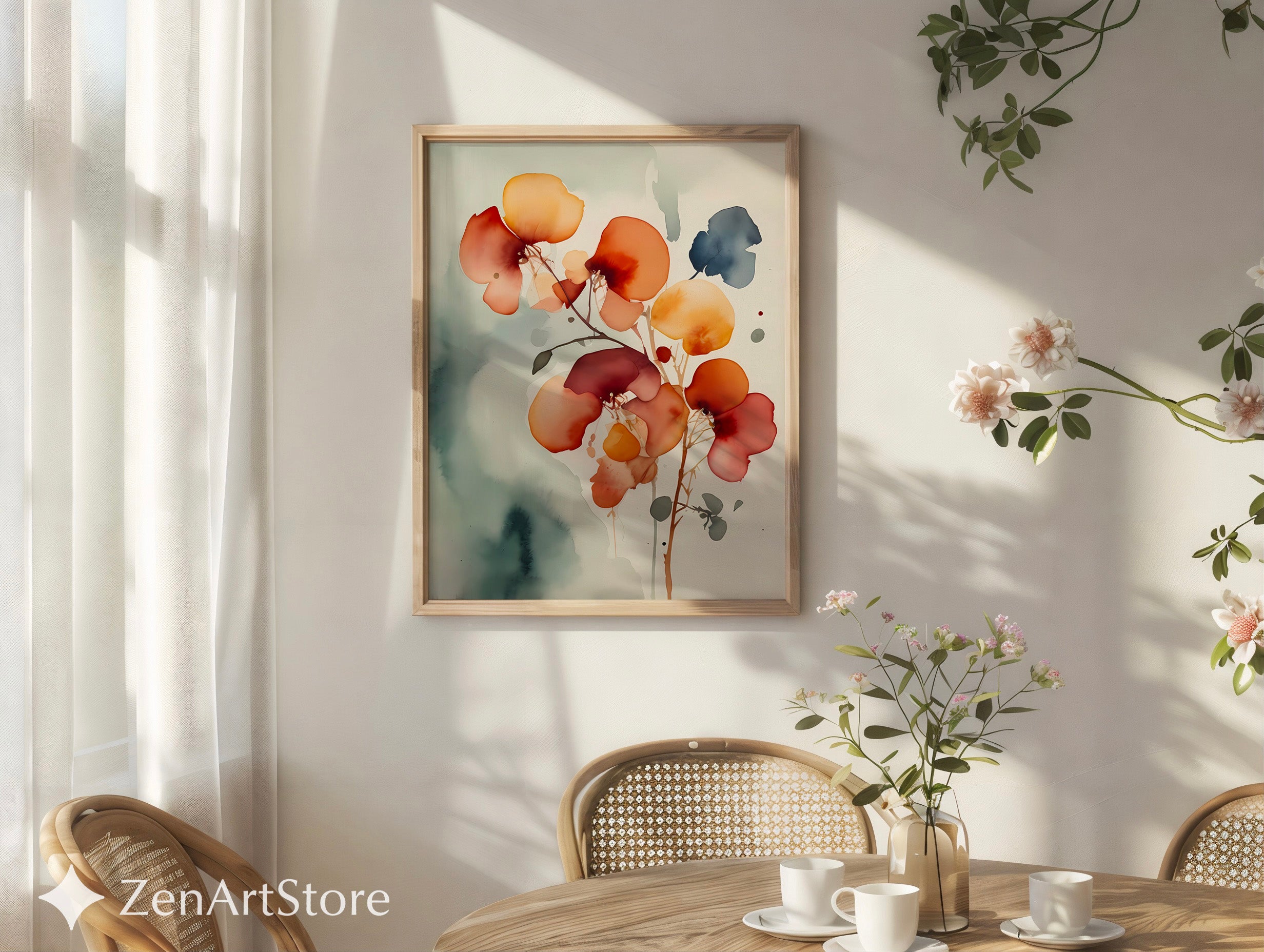 Abstract Floral Wall Art Print - Warm Rust & Ochre Minimal Botanical Japandi Wabi Sabi Neutral Home Decor