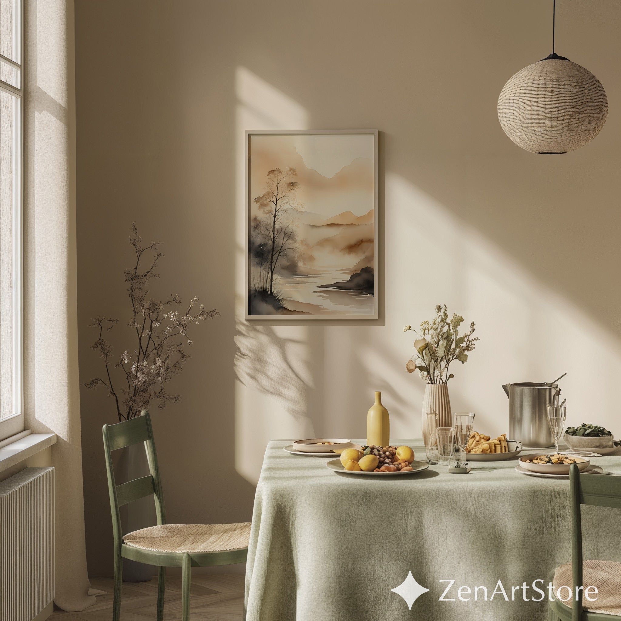 Neutral Watercolor Landscape Print - Minimal Japandi Mountain River Wall Art Calm Beige Wabi Sabi Home Decor