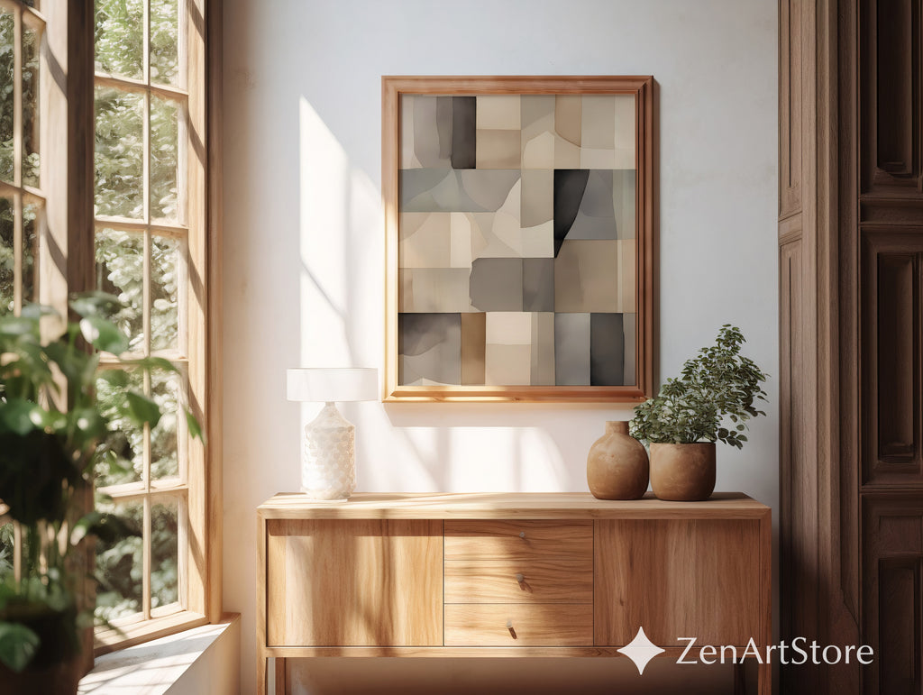 Neutral Abstract Patchwork Wall Art - Minimal Beige Brown Geometric Print for Japandi & Scandinavian Home Decor