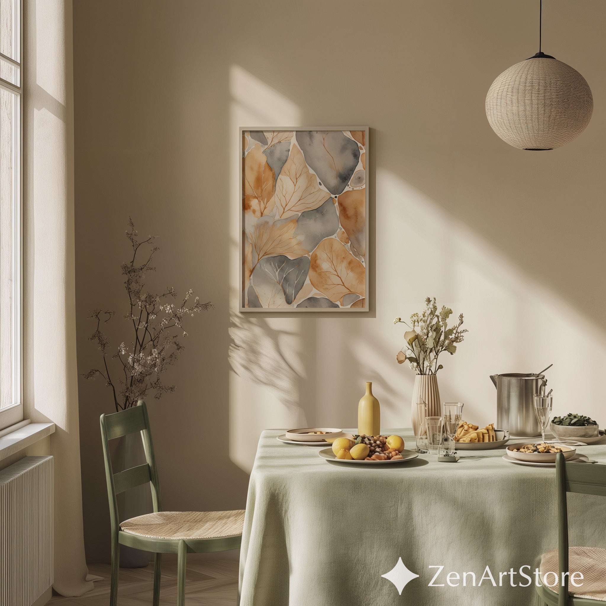 Neutral Botanical Watercolor Leaf Art Print - Beige Gray Abstract Wall Decor