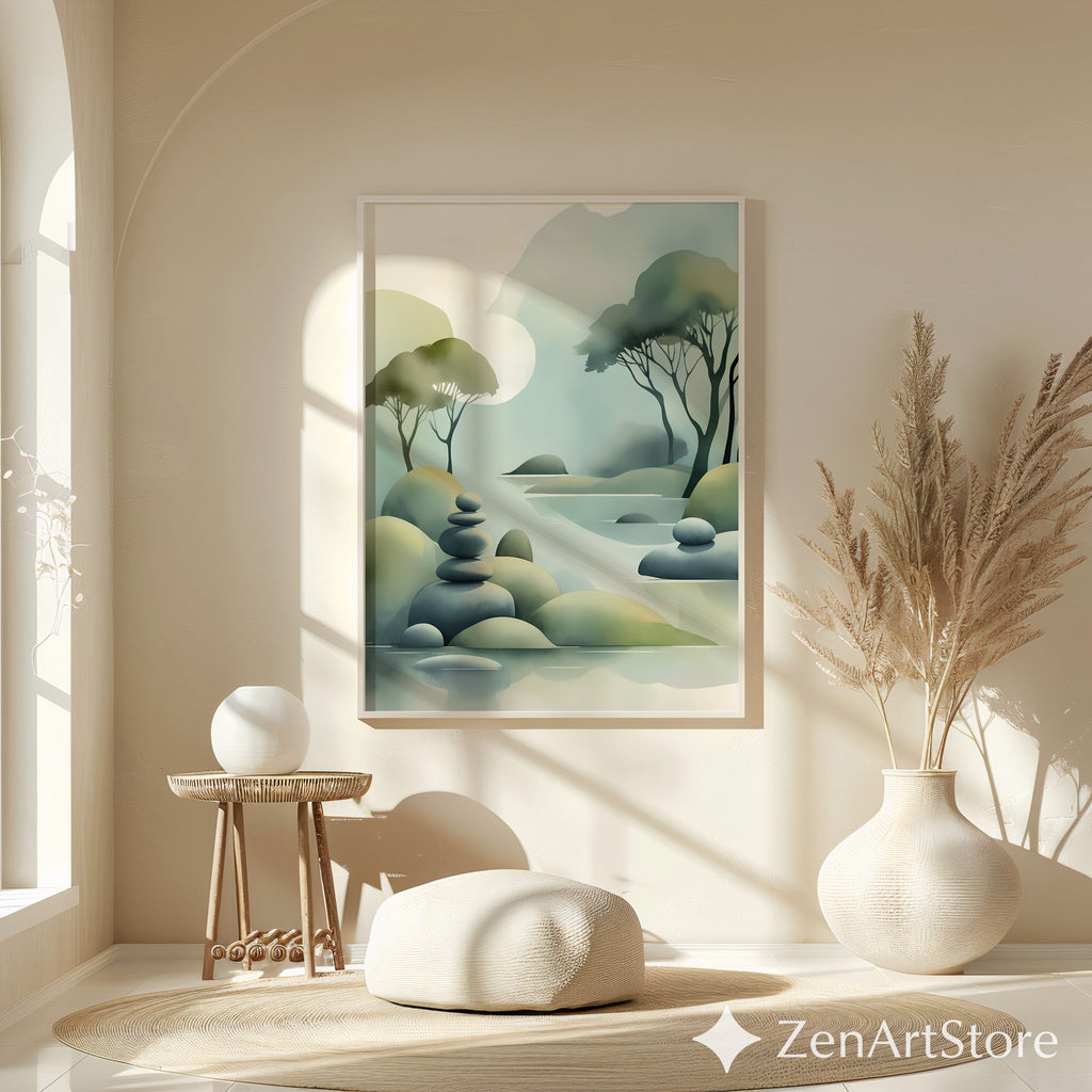 Zen Landscape Print - Minimal Abstract Nature Wall Art, Japandi Misty Trees & Stacked Stones Neutral Green Home Decor