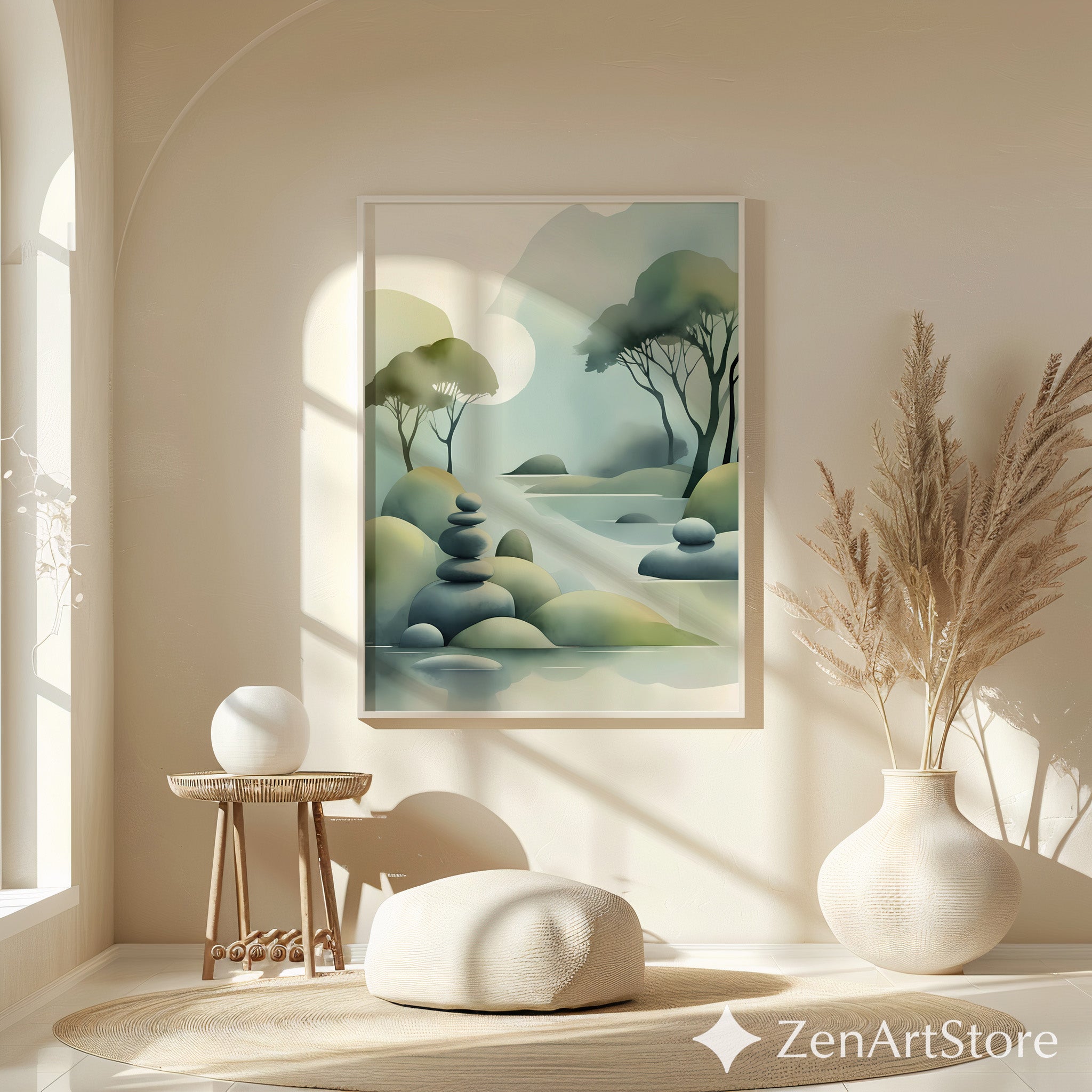 Zen Landscape Print - Minimal Abstract Nature Wall Art, Japandi Misty Trees & Stacked Stones Neutral Green Home Decor