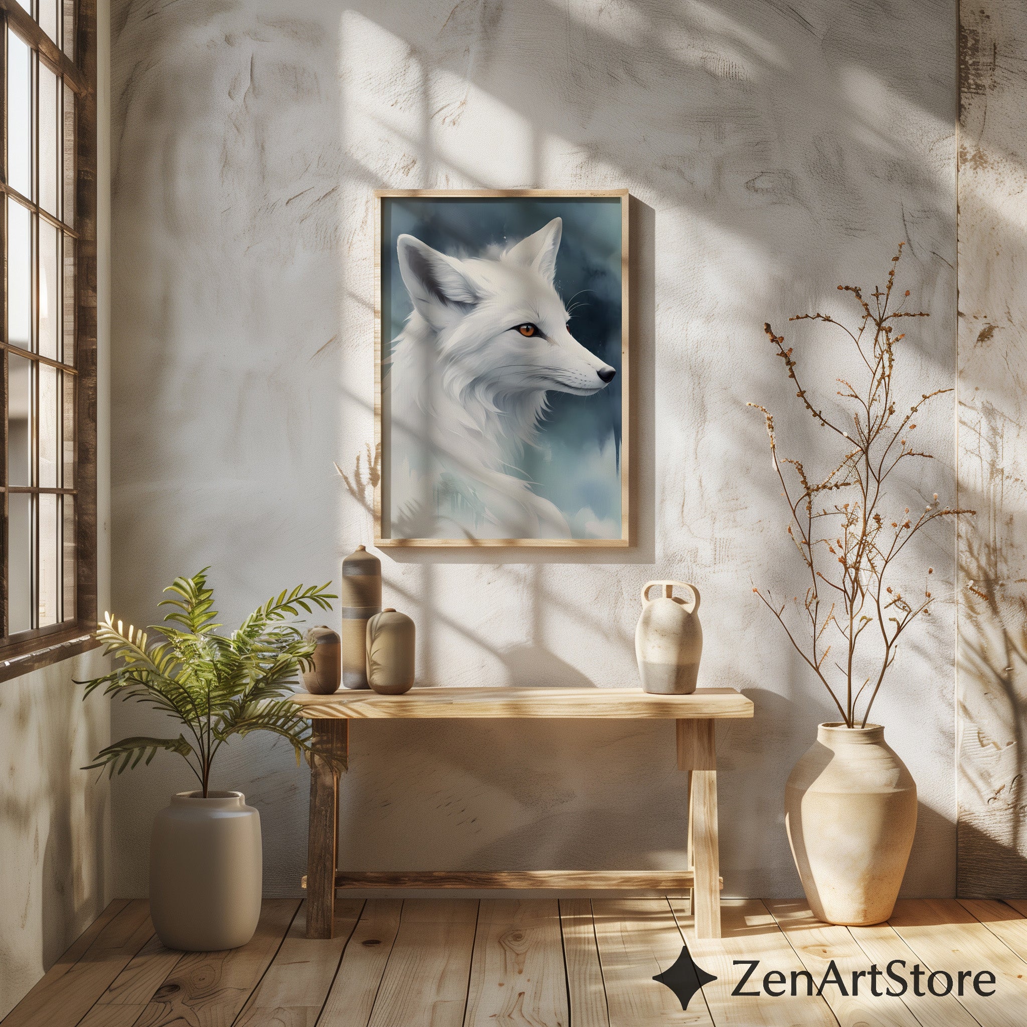 White Fox Wall Art - Minimal Arctic Fox Print, Scandinavian Zen Animal Portrait for Modern Home Decor
