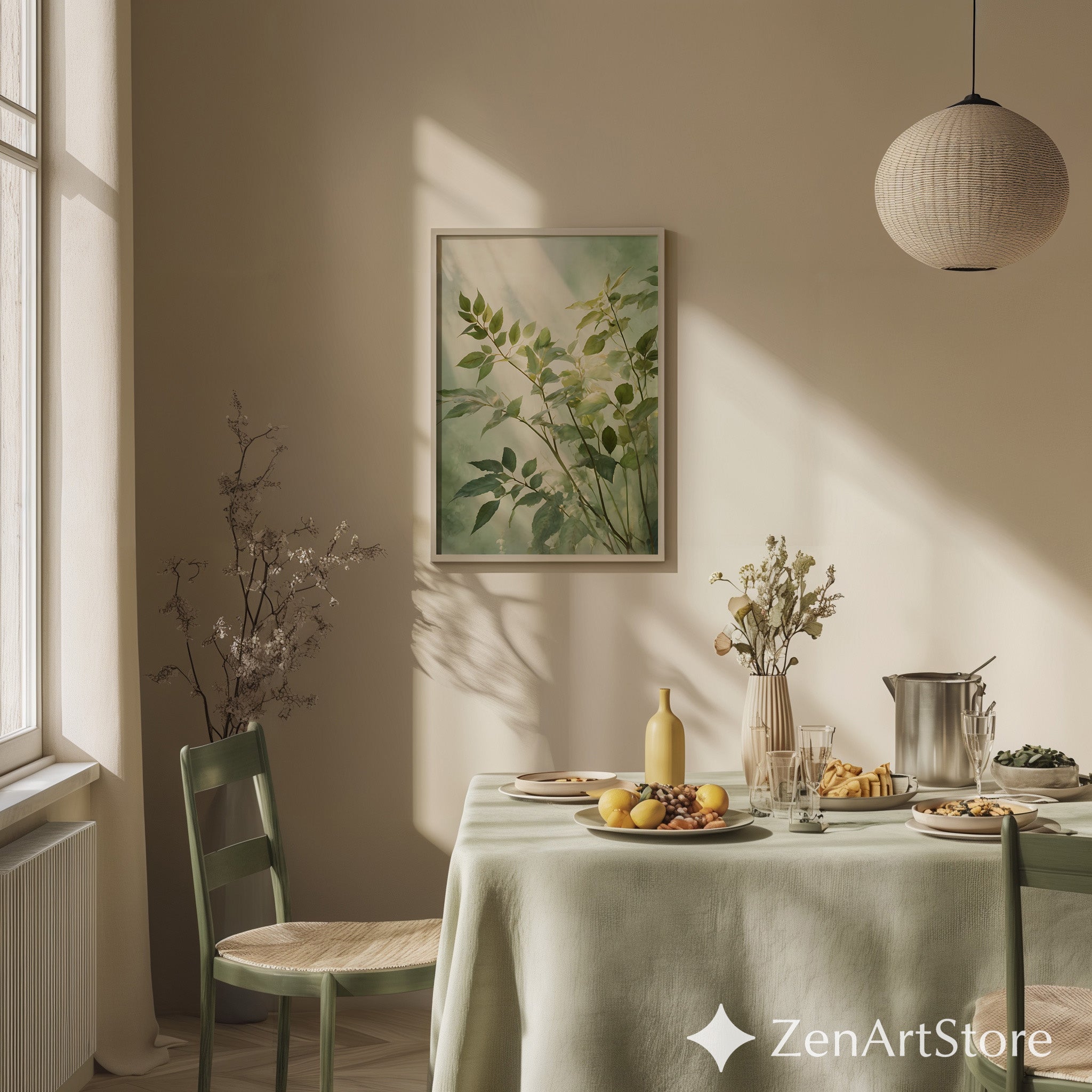 Serene Green Botanical Art Print - Minimal Leaf Wall Art, Japandi Wabi Sabi Neutral Home Decor