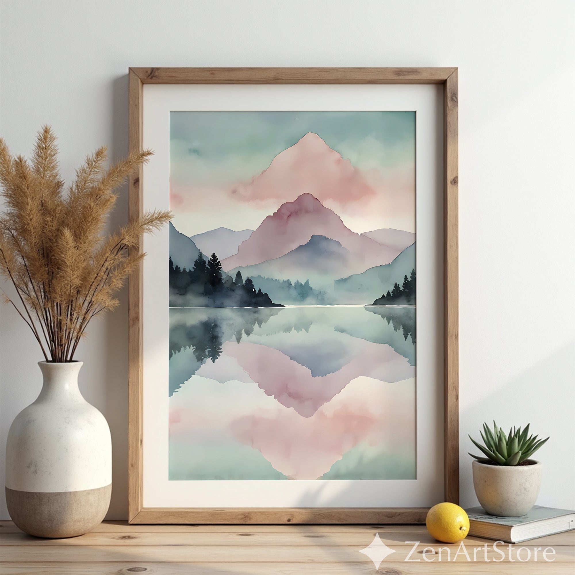 Pastel Mountain Watercolor Print - Serene Lake Reflection Wall Art, Minimal Japandi Scandinavian Home Decor
