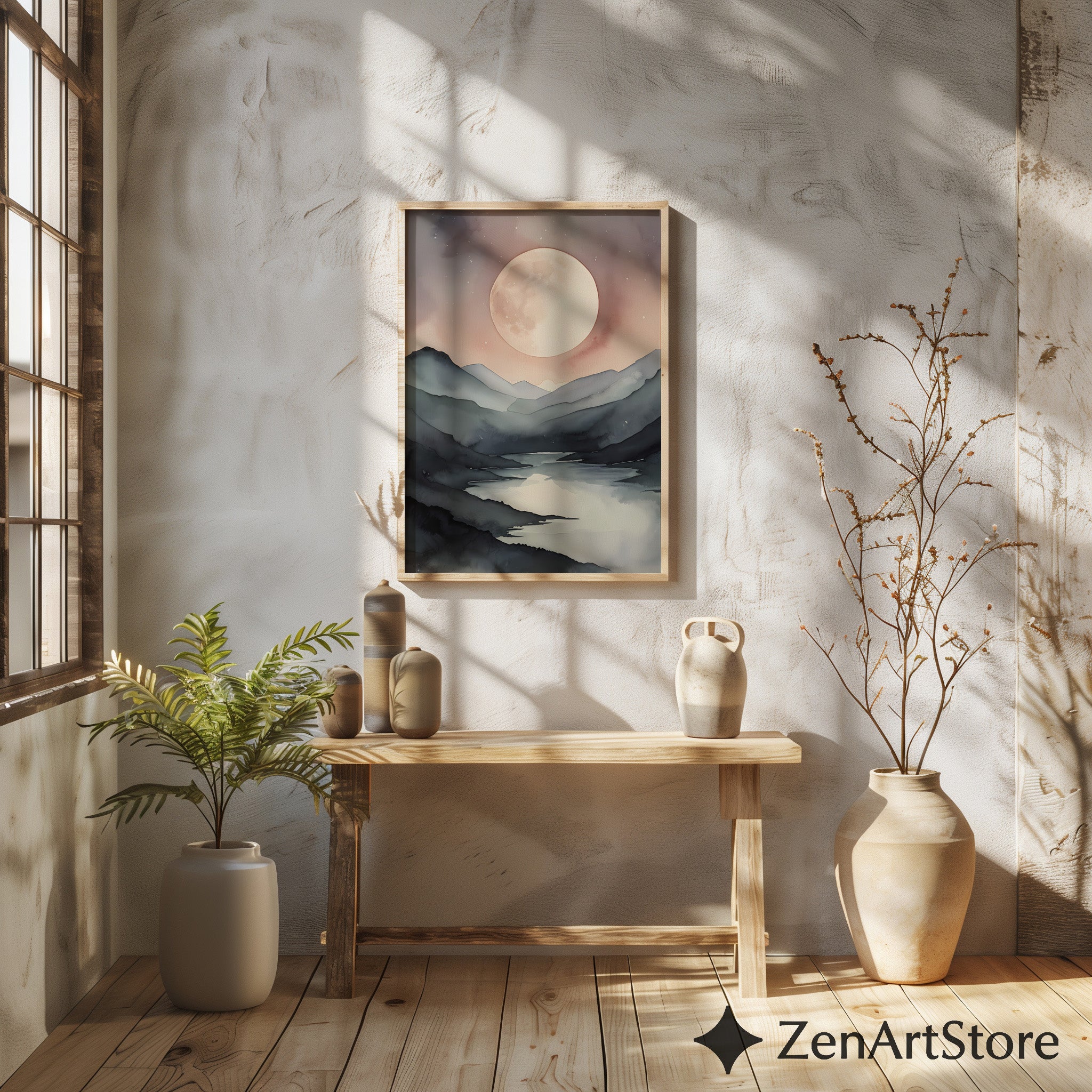 Serene Moonlit Mountain Lake Watercolor Print - Japandi Minimal Neutral Wall Art, Beige & Gray Landscape