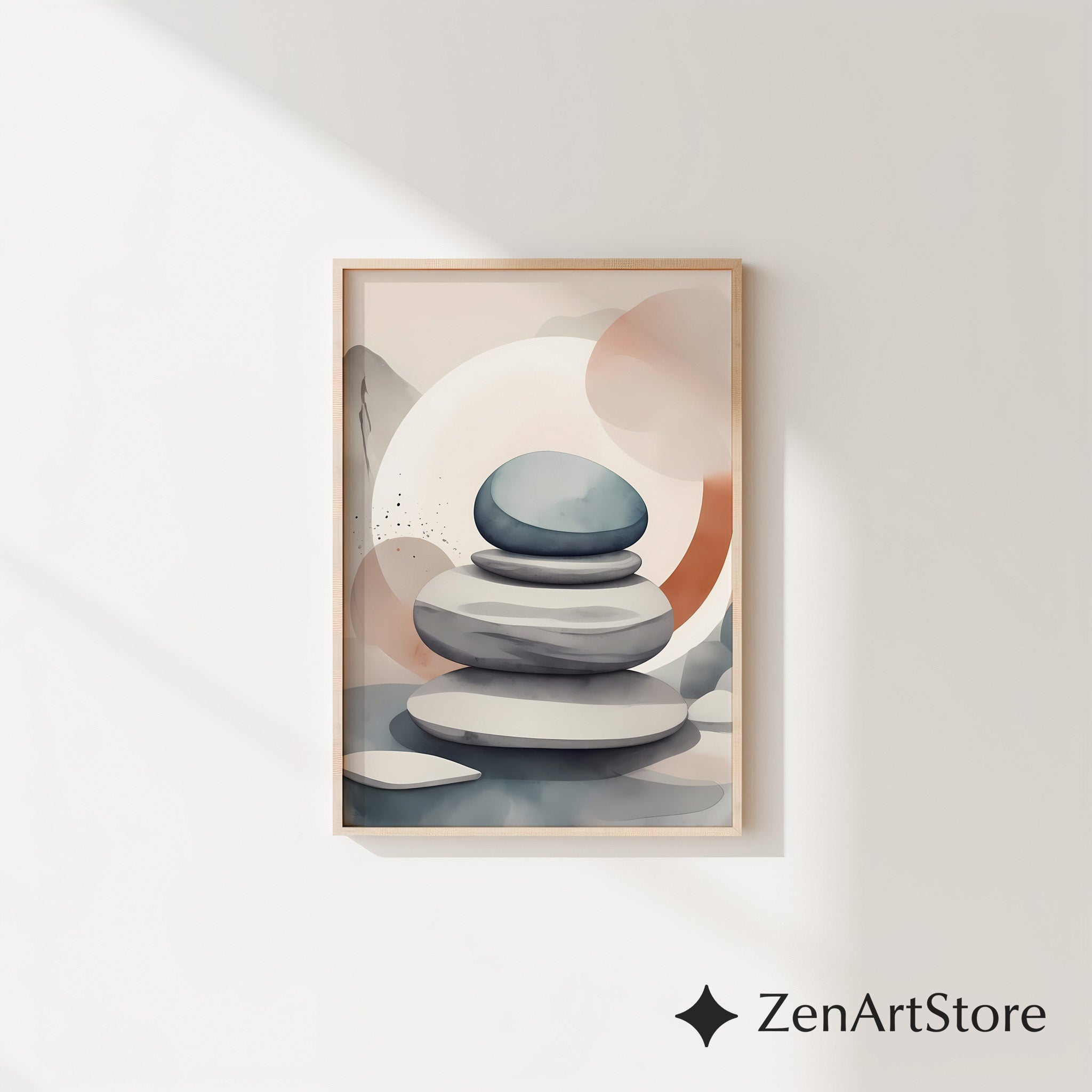 Zen Stone Stack Wall Art - Minimal Japandi Neutral Abstract Print for Living Room, Bedroom, Spa Decor