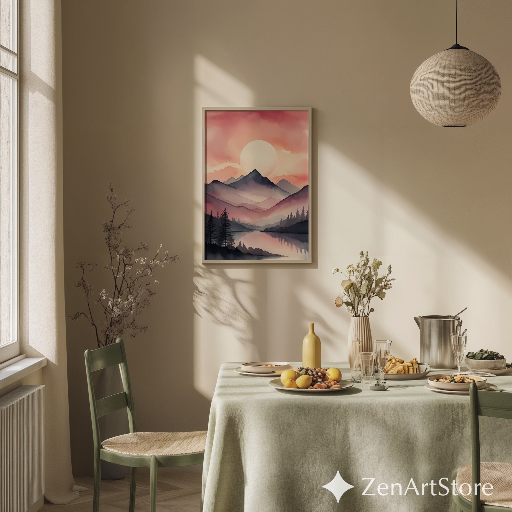 Blush Mountain Watercolor Print - Pink Sunset Minimal Landscape Wall Art for Living Room, Bedroom, Nursery - Japandi Scandinavian Decor