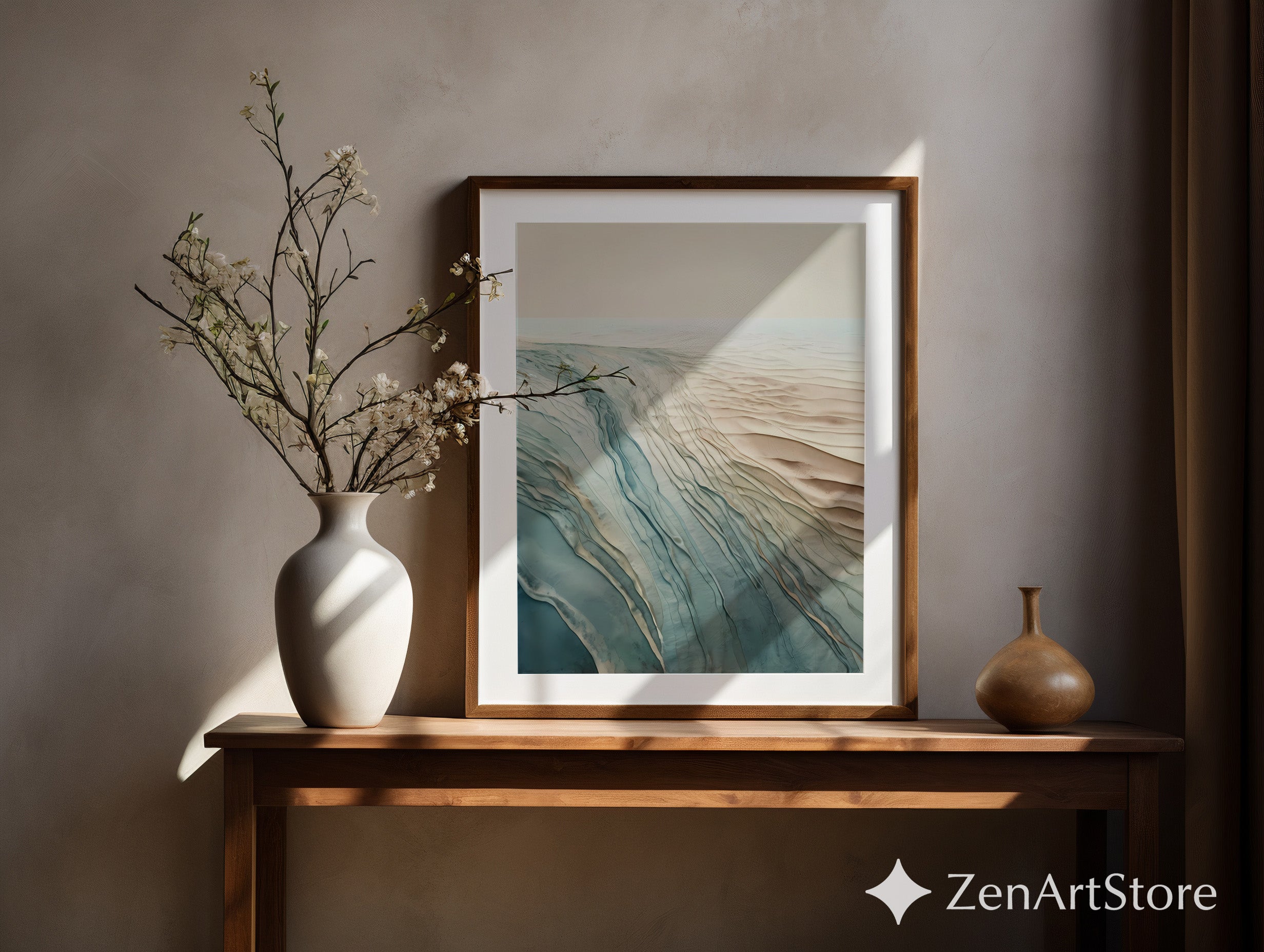 Abstract Coastal Landscape Wall Art - Neutral Blue Beige Minimal Print for Living Room, Japandi Wabi Sabi Decor