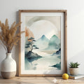 Japandi Watercolor Mountain Print - Zen Minimal Landscape Wall Art, Neutral Beige Teal Abstract for Living Room & Bedroom
