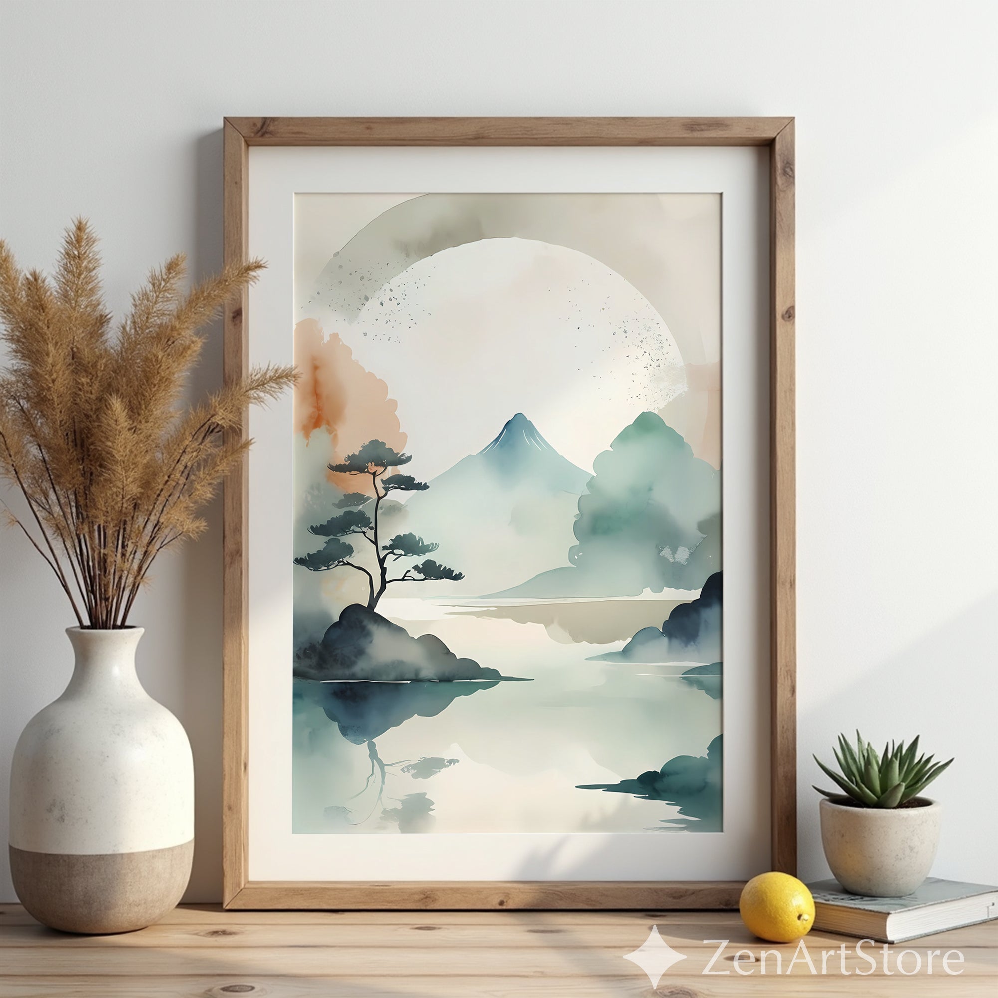 Japandi Watercolor Mountain Print - Zen Minimal Landscape Wall Art, Neutral Beige Teal Abstract for Living Room & Bedroom