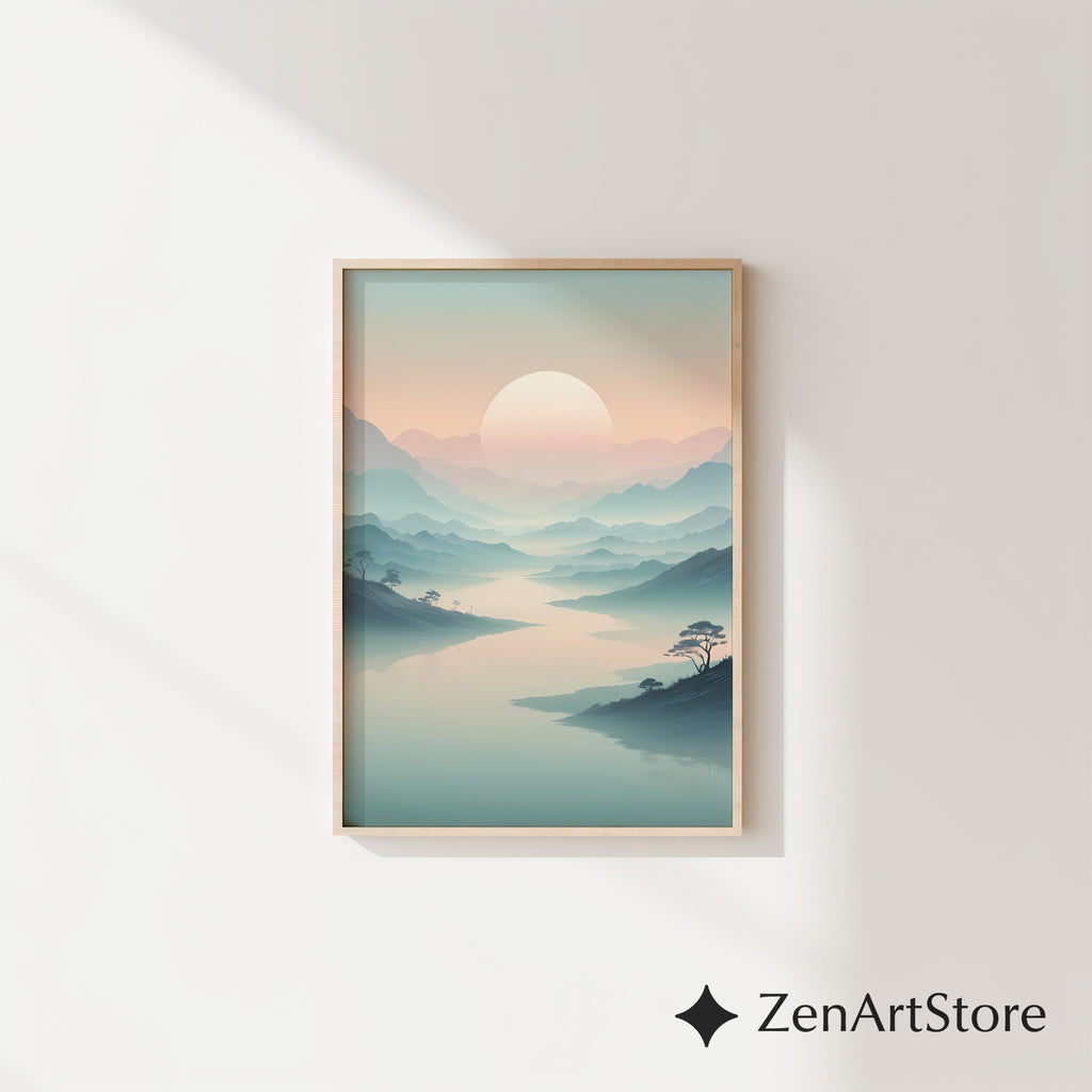 Misty Mountain Sunrise Wall Art - Minimal Zen Landscape Print, Japandi Pastel Sun Poster for Living Room