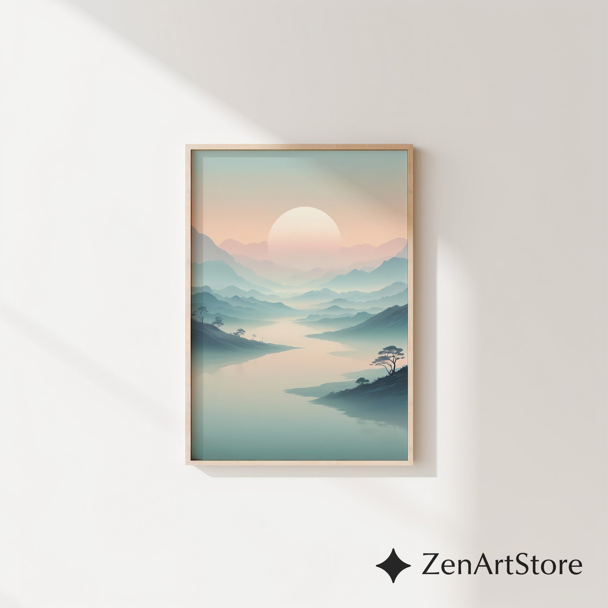 Misty Mountain Sunrise Wall Art - Minimal Zen Landscape Print, Japandi Pastel Sun Poster for Living Room