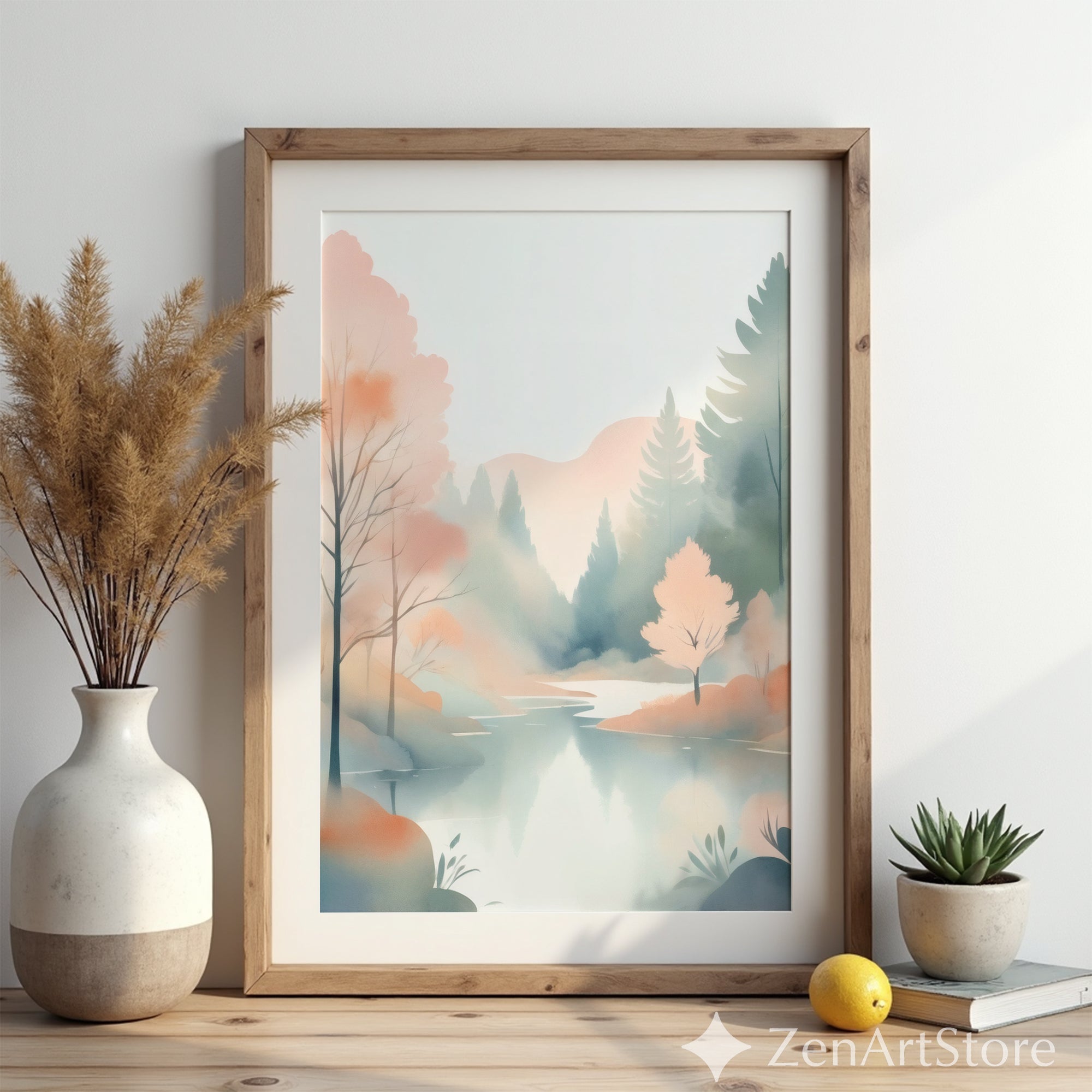 Misty Pastel Lake Watercolor Print - Minimal Japandi Landscape Wall Art for Calm Neutral Home Decor