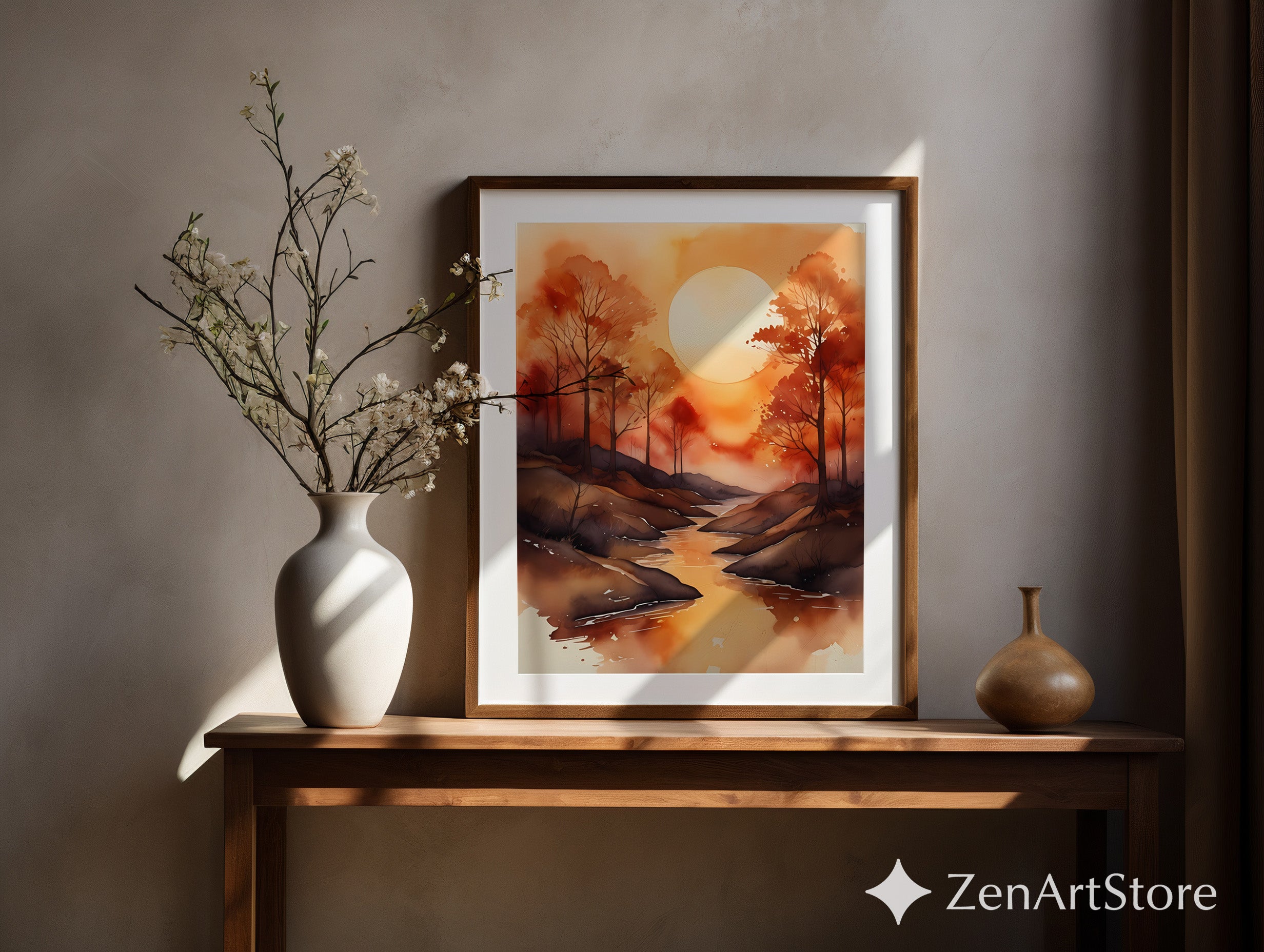 Autumn Watercolor Landscape Print - Orange Sunset River Wall Art, Minimal Boho Japandi Home Decor