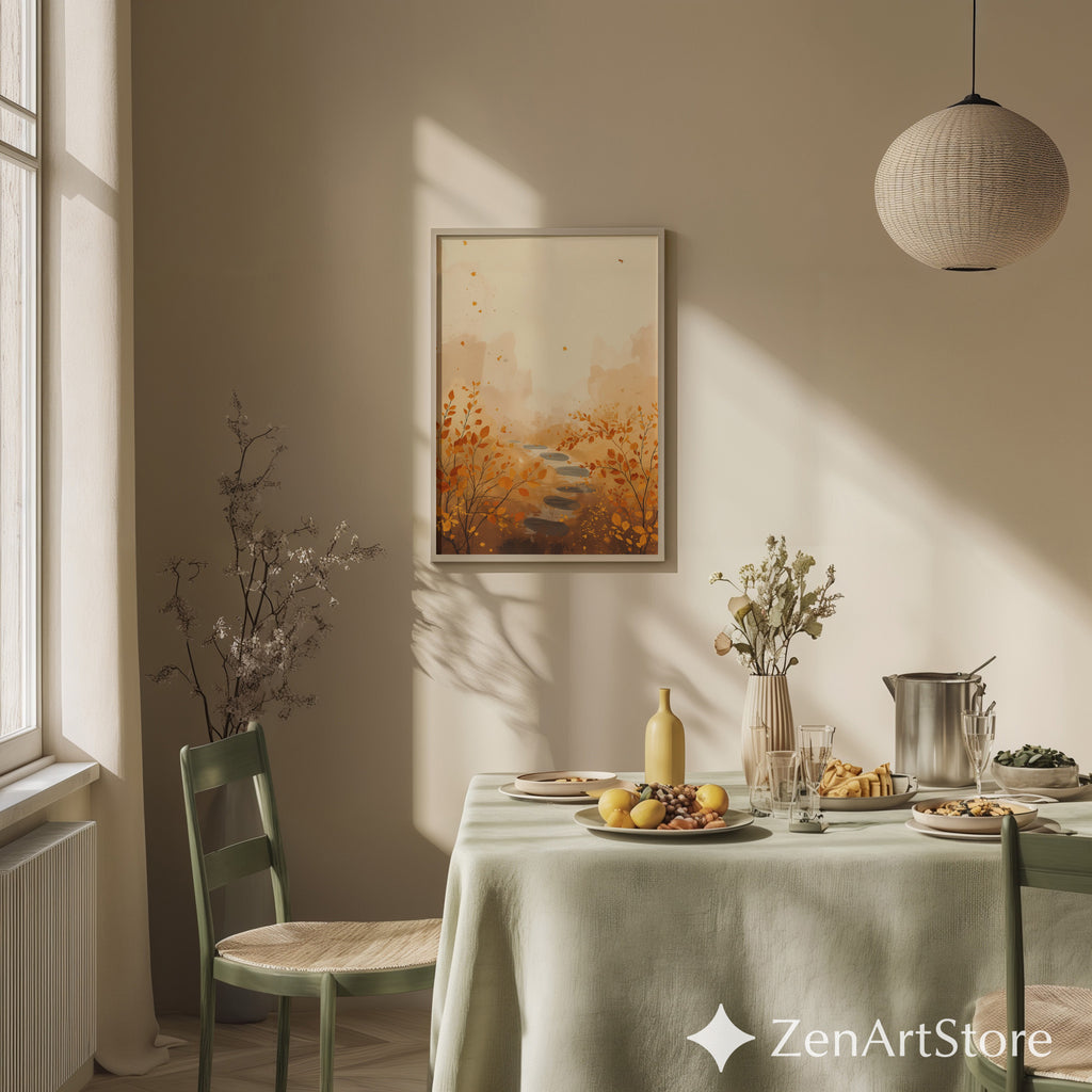 Autumn Path Wall Art - Minimal Fall Landscape Print, Japandi Beige Orange Botanical Home Decor
