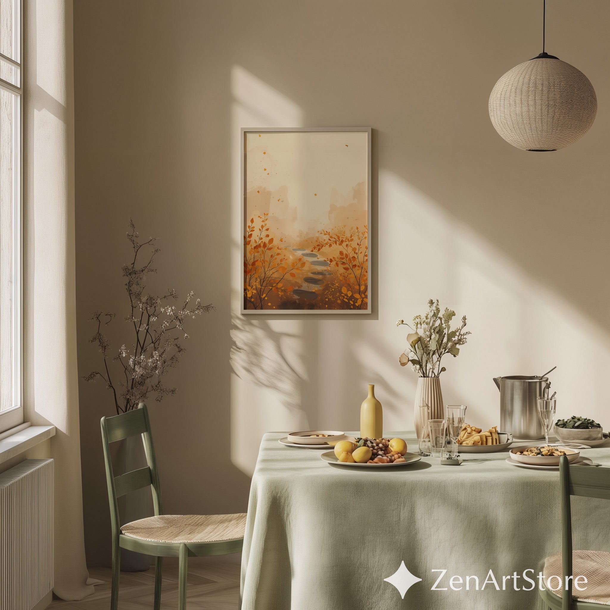 Autumn Path Wall Art - Minimal Fall Landscape Print, Japandi Beige Orange Botanical Home Decor